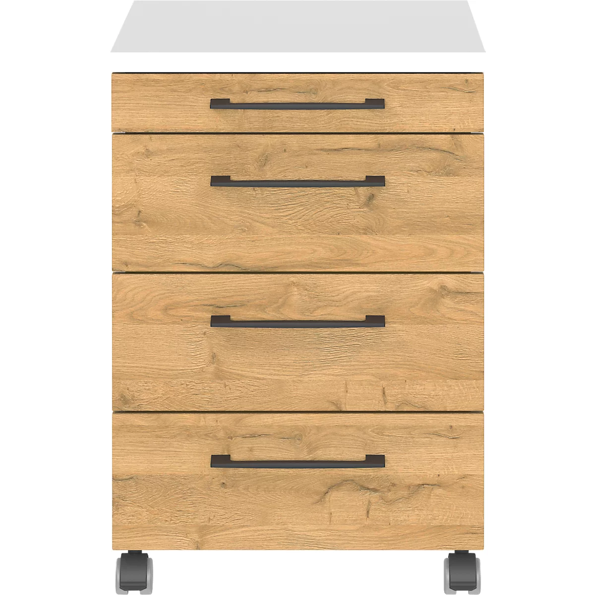 Close-up van een houten kast met vier lades en zwarte handvatten.