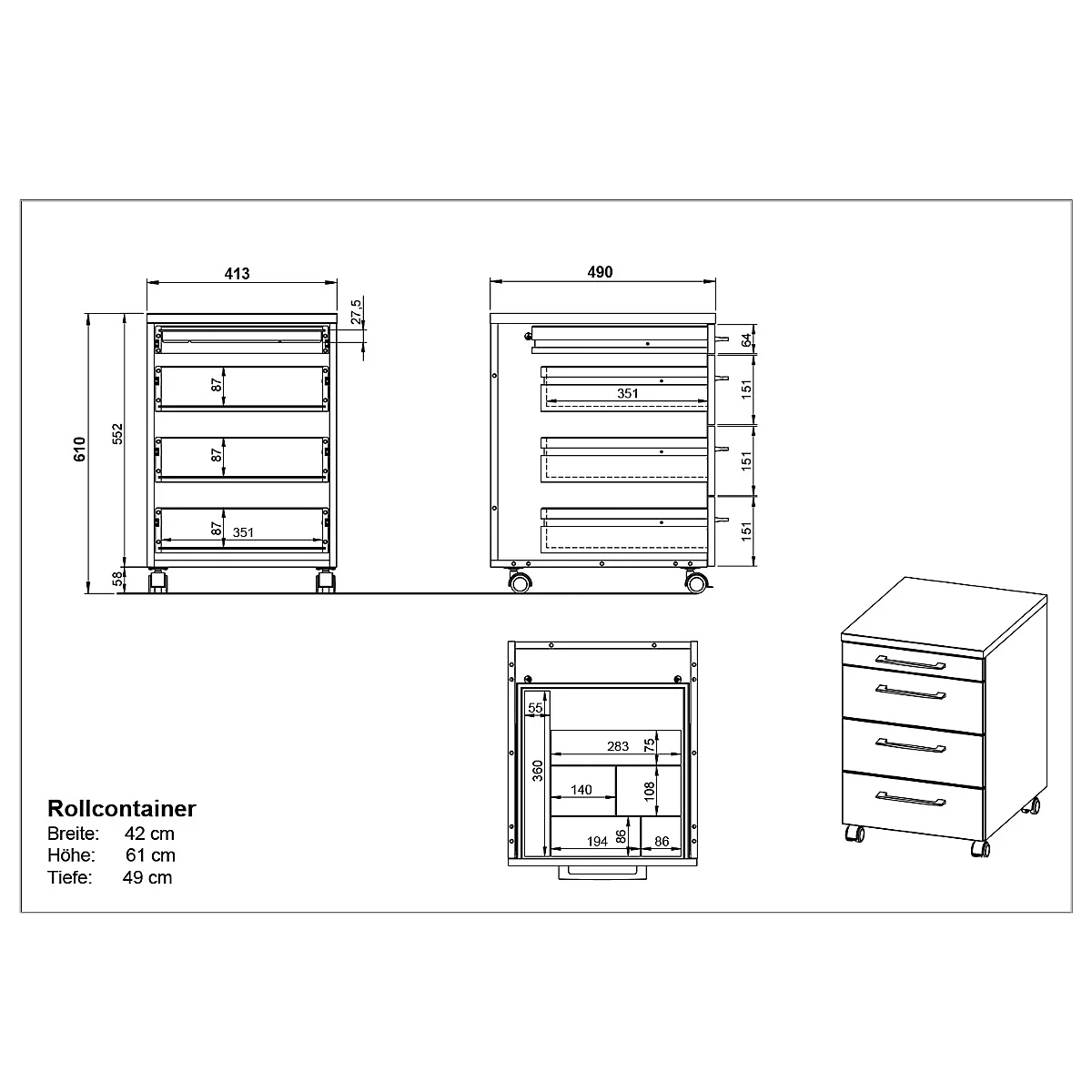 Technische tekening van een roldeurkast. Vooraanzicht, bovenaanzicht, zijaanzicht en perspectief, met afmetingen. Tekst: Roldeurkast, afmetingen.