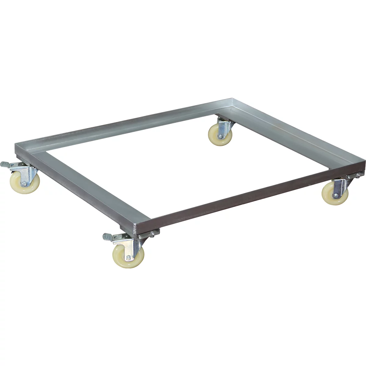 Metalen transportkar met vier wielen, vierkant frame.