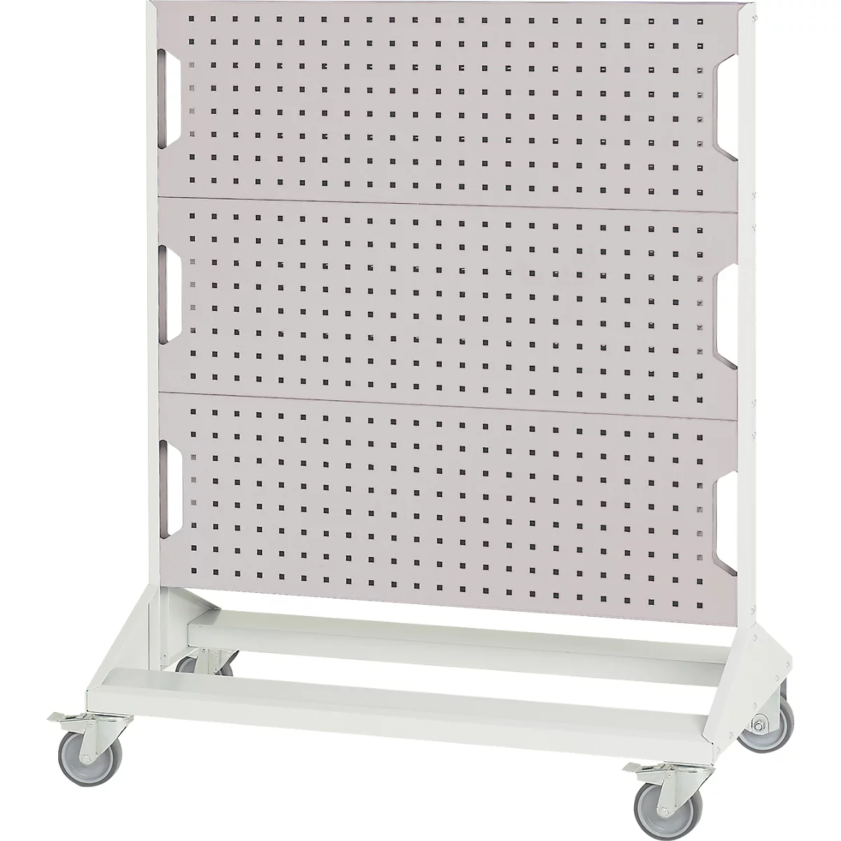 Grijs prikbord op wielen, in detail: drie platen met veel gaten.