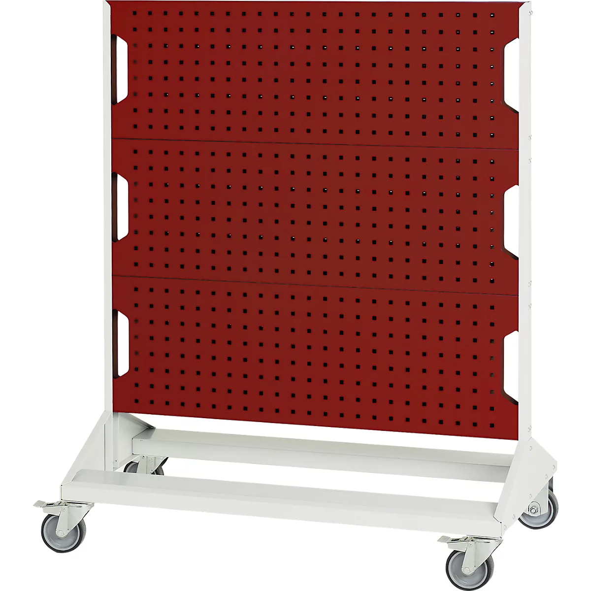 Rood spijkersbord met wit frame op wieltjes. Het spijkersbord is verdeeld in drie secties.