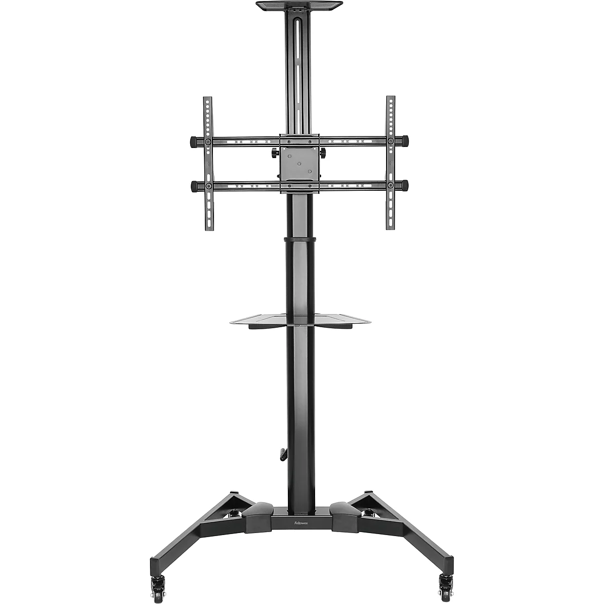 Zwarte, rollende tv-standaard met een scherm met een berglandschap. Er zit een kleine plank onder.