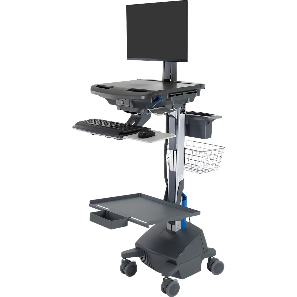 Verrijdbaar werkstation Ergotron StyleView® SV42-8302-2, beeldschermscharnier voor 1 beeldscherm tot 24', werkblad, toetsenbord-/muislade, geïntegreerde voeding