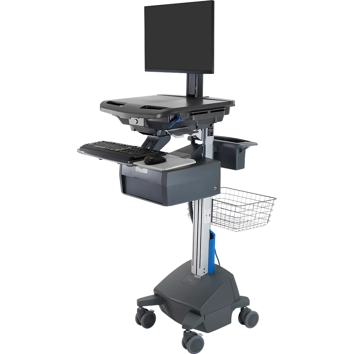 Verrijdbaar werkstation Ergotron StyleView® SV42-8302-2, beeldschermscharnier voor 1 beeldscherm tot 24', werkblad, toetsenbord-/muislade, geïntegreerde voeding