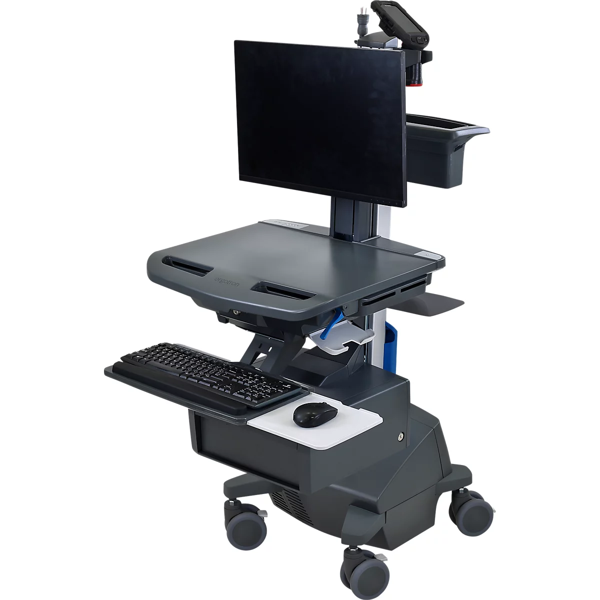 Verrijdbaar werkstation Ergotron StyleView® SV42-8302-2, beeldschermscharnier voor 1 beeldscherm tot 24', werkblad, toetsenbord-/muislade, geïntegreerde voeding