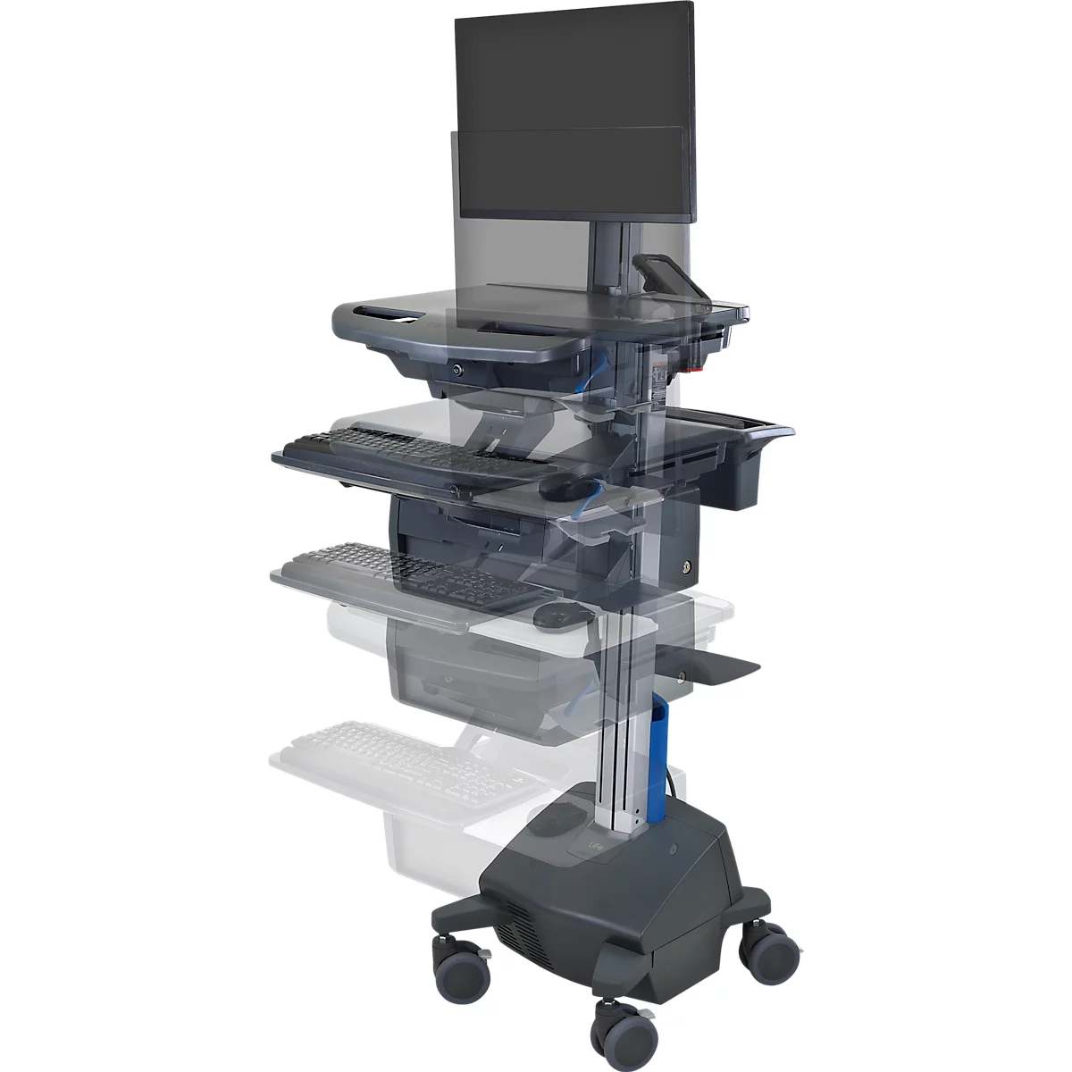 Verrijdbaar werkstation Ergotron StyleView® SV42-8302-2, beeldschermscharnier voor 1 beeldscherm tot 24', werkblad, toetsenbord-/muislade, geïntegreerde voeding