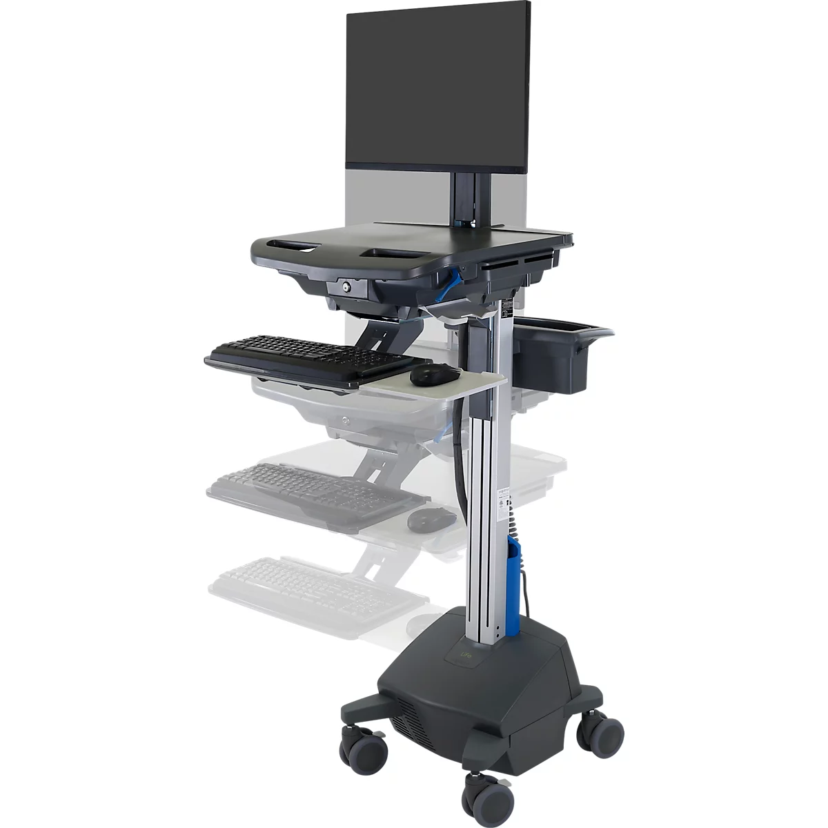 Verrijdbaar werkstation Ergotron StyleView® SV42-8302-2, beeldschermscharnier voor 1 beeldscherm tot 24', werkblad, toetsenbord-/muislade, geïntegreerde voeding