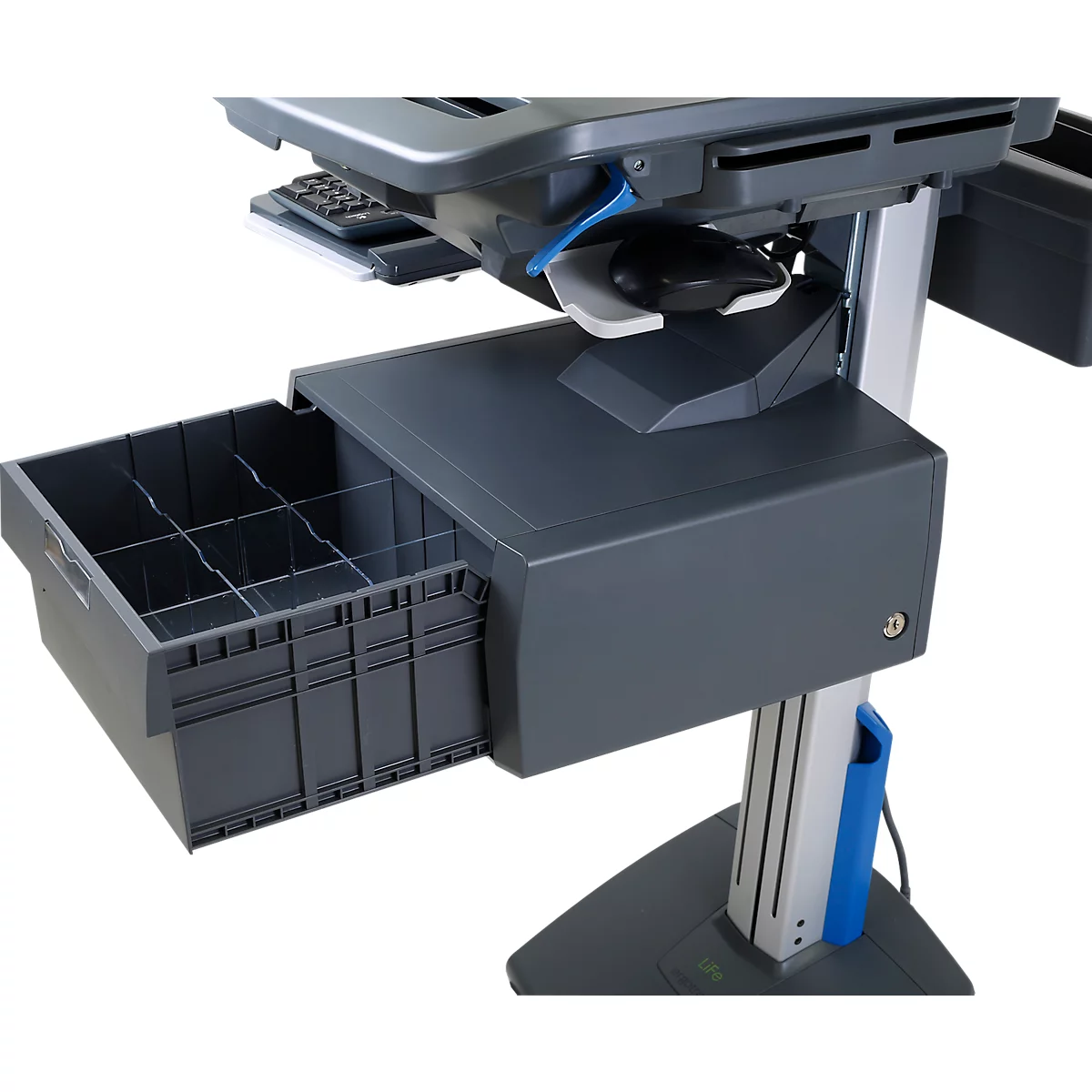 Verrijdbaar werkstation Ergotron StyleView® SV42-8302-2, beeldschermscharnier voor 1 beeldscherm tot 24', werkblad, toetsenbord-/muislade, geïntegreerde voeding