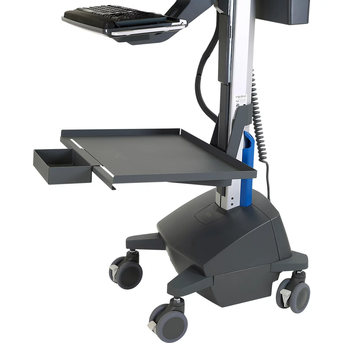 Verrijdbaar werkstation Ergotron StyleView® SV42-8302-2, beeldschermscharnier voor 1 beeldscherm tot 24', werkblad, toetsenbord-/muislade, geïntegreerde voeding