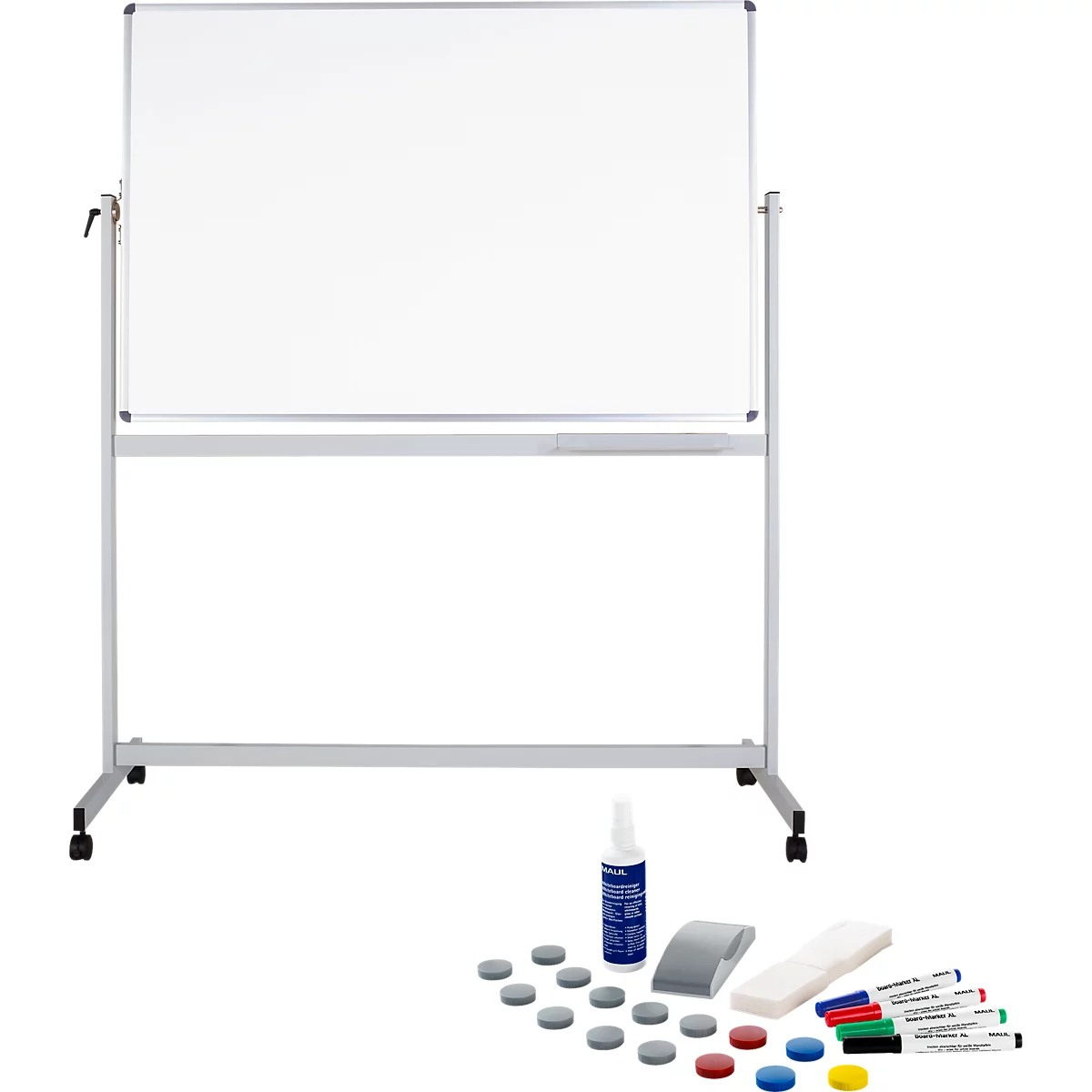 Verrijdbaar whiteboard Maul MAULstandaard, 1000 x 2000 mm, 2-zijdig, draaibaar + whiteboard accessoireset, 31 stuks