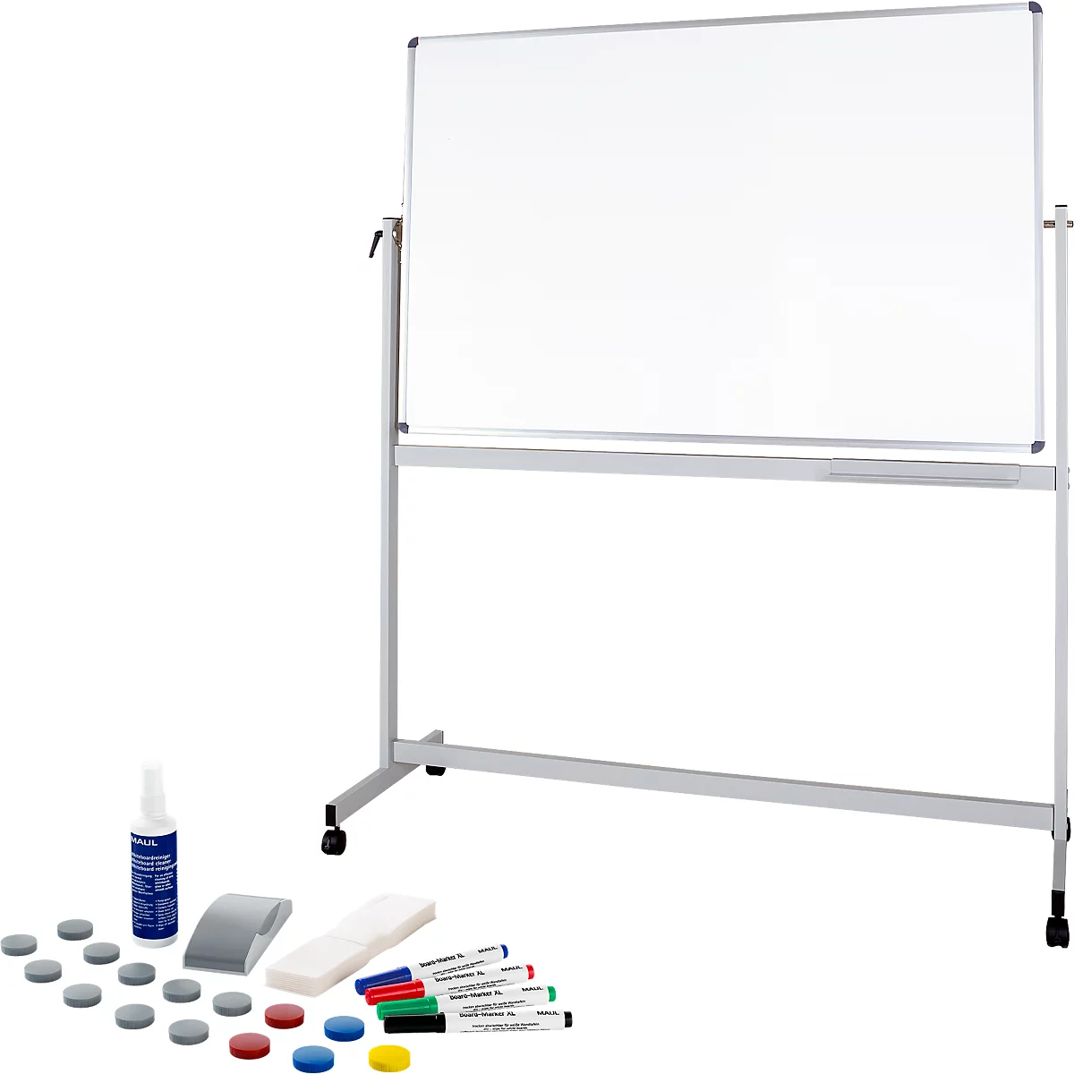 Verrijdbaar whiteboard Maul MAULstandaard, 1200 x 2200 mm, 2-zijdig, draaibaar + whiteboard accessoireset, 31 stuks