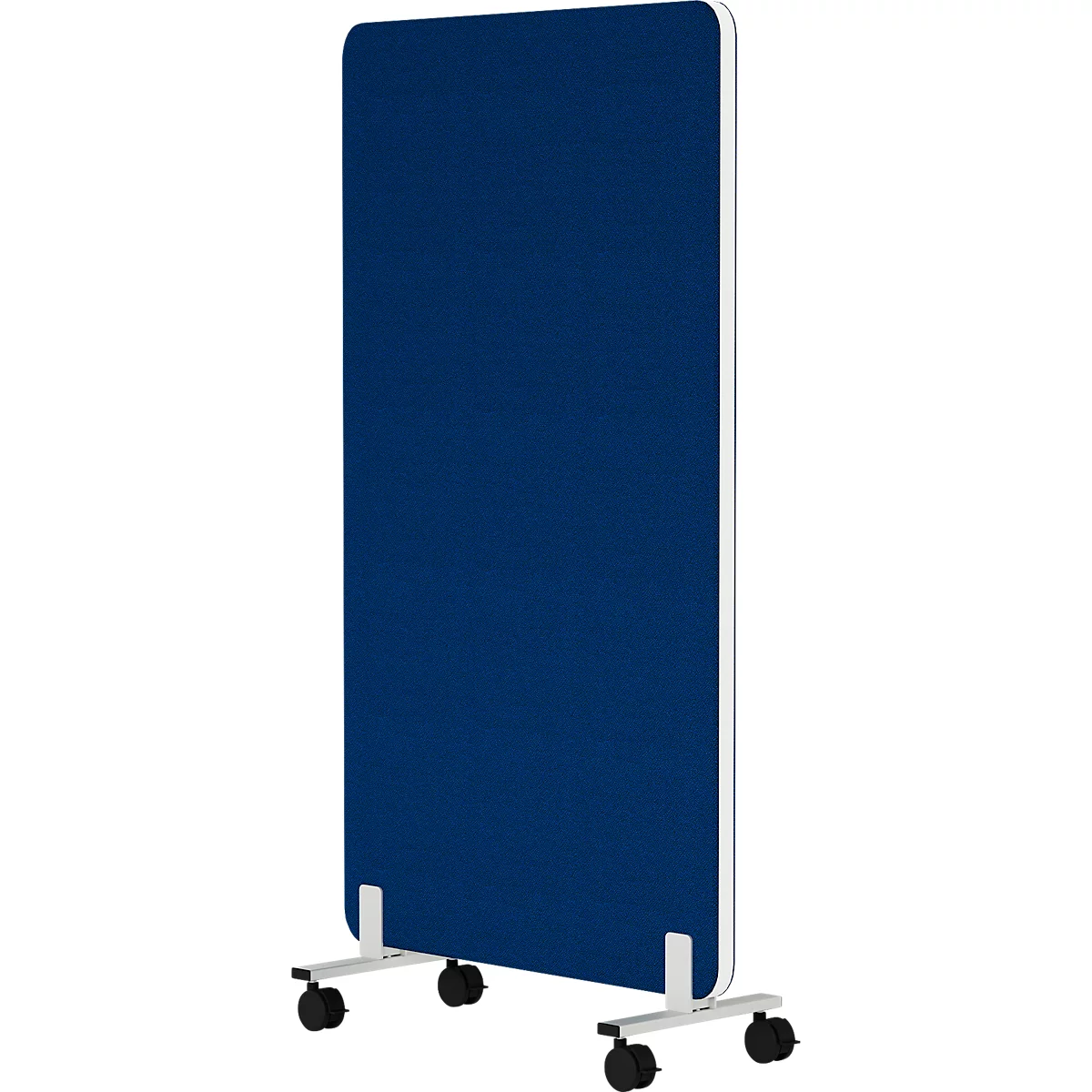 Blauw, rolbaar scheidingspaneel met wit frame. Het staat op een witte beugel met kleine wielen.