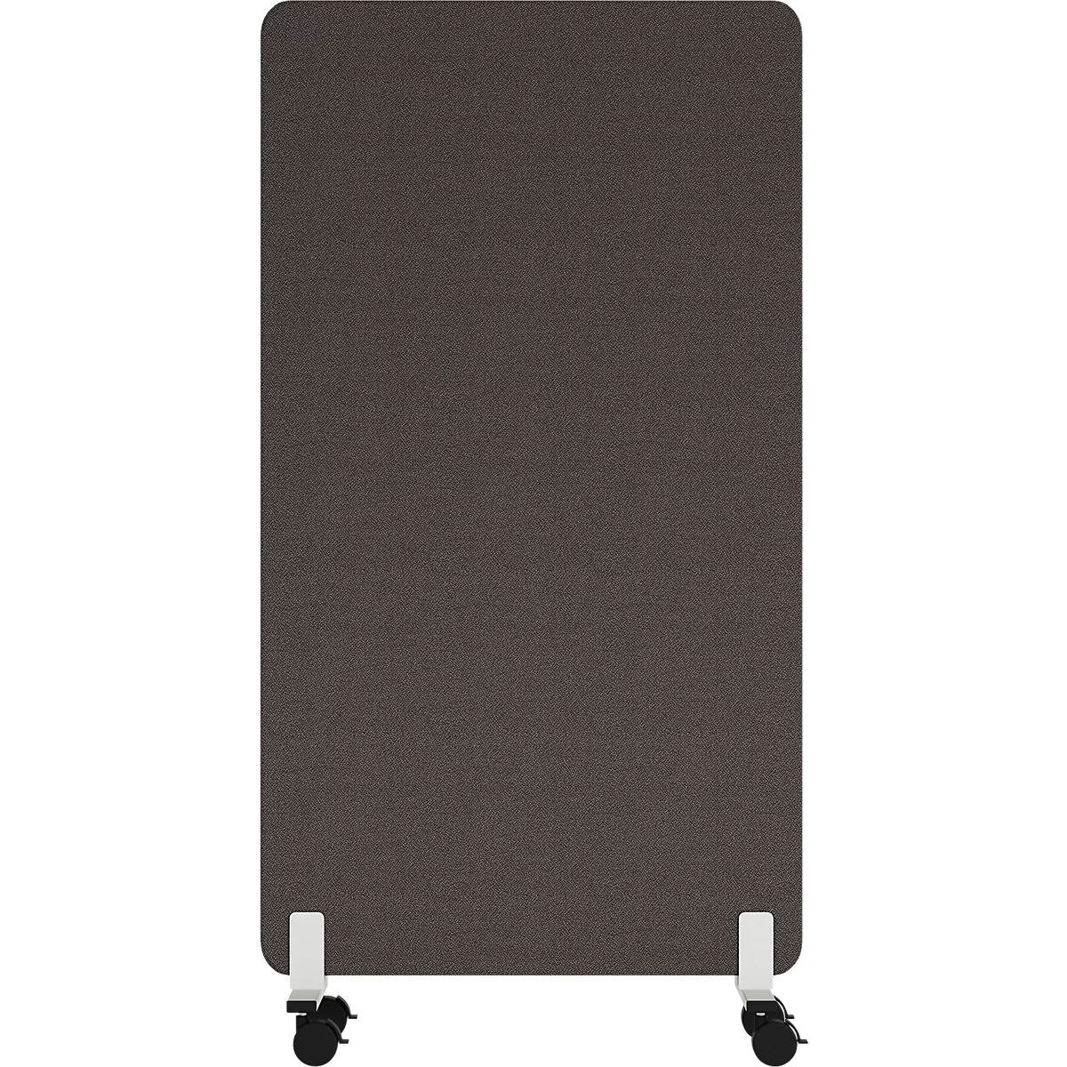 Bruine, rechthoekige roomdivider op wielen. De wand heeft afgeronde hoeken en witte beugels.