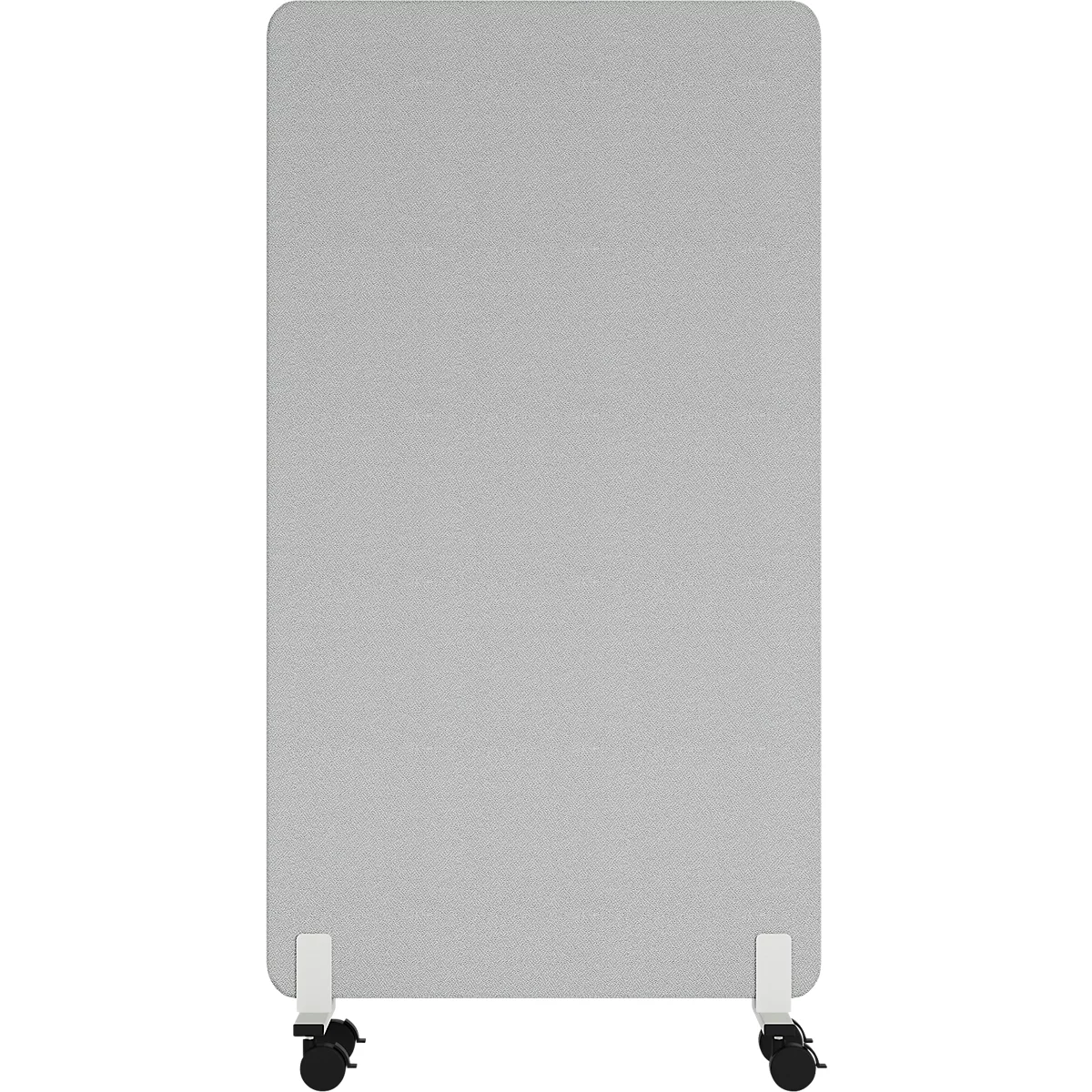 Grote, grijze scheidingswand op wielen. Het heeft afgeronde hoeken en staat op witte beugels met zwarte zwenkwielen.