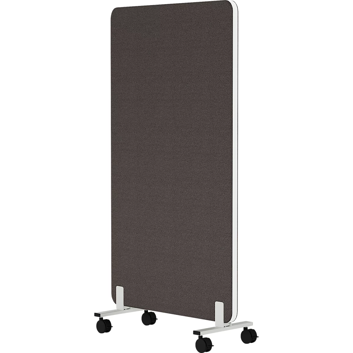 Grijze, rechthoekige mobiele scheidingswand op wielen, wit frame.
