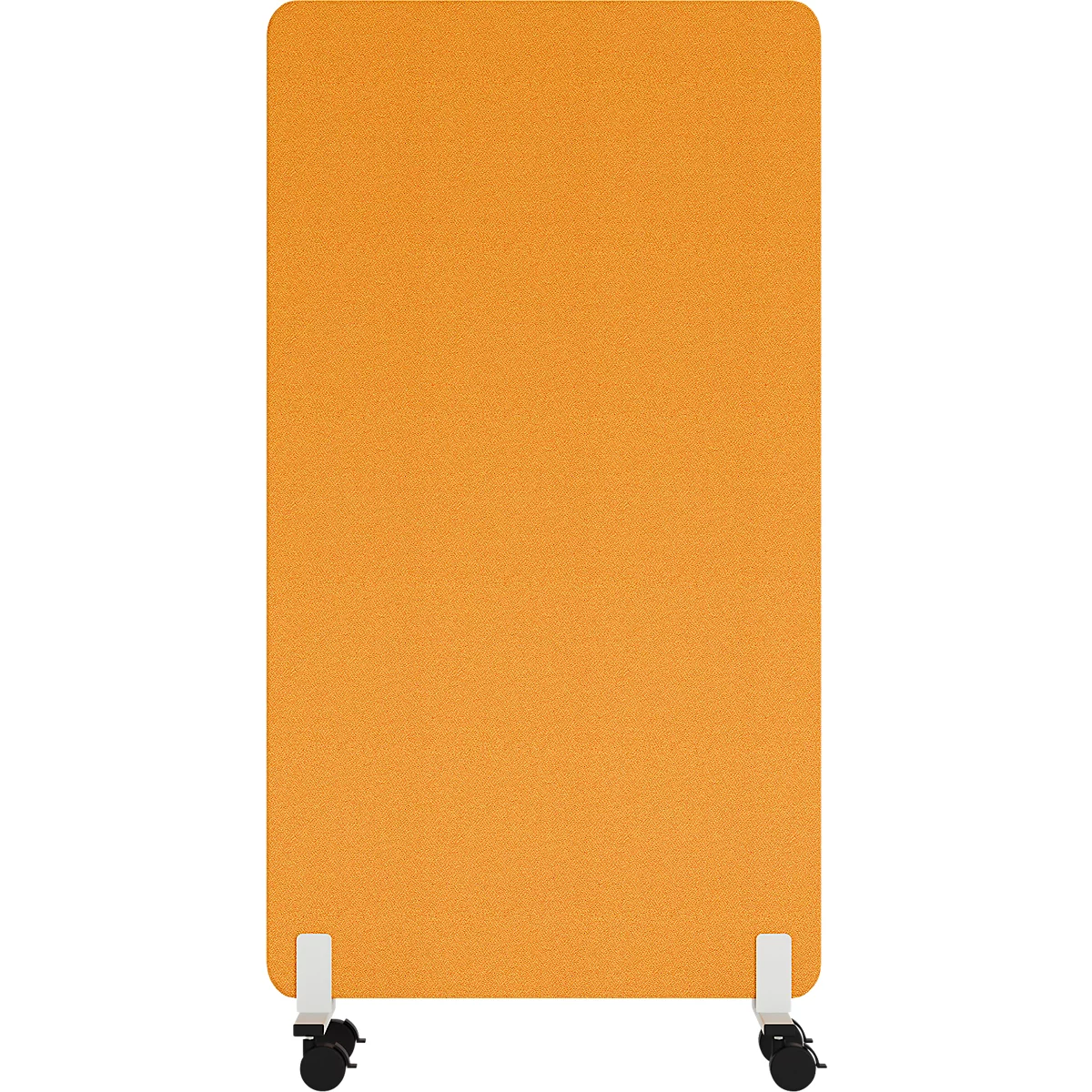 Oranje verplaatsbaar scheidingsscherm op witte achtergrond. Onder, twee witte beugels met zwarte wielen.