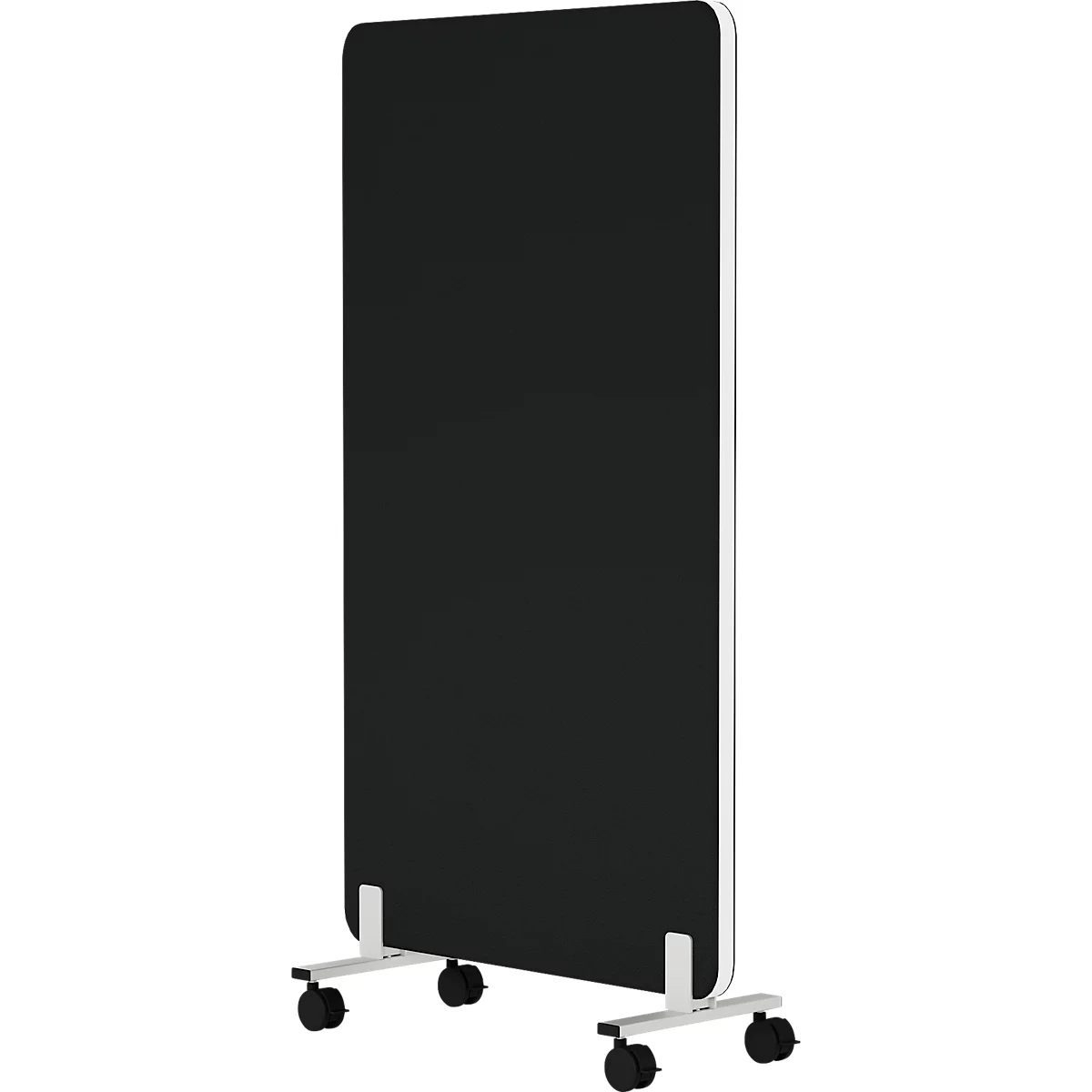 Zwarte mobiele scheidingswand op wielen, wit frame.