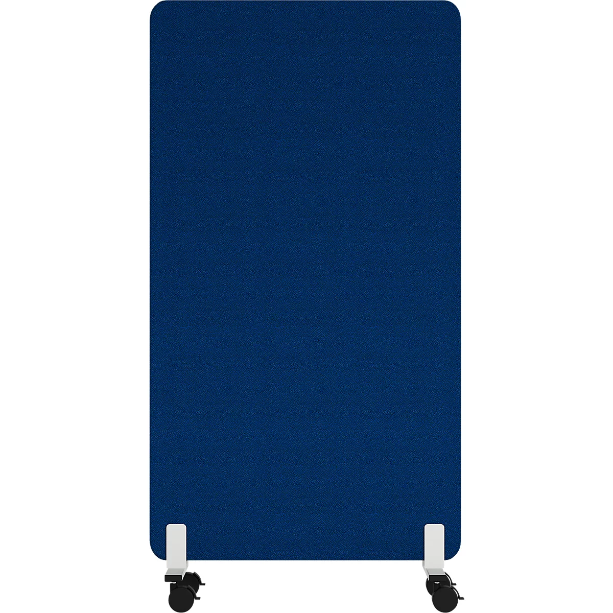 Blauwe, rechthoekige roomdivider met wielen. Onderste beugel wit, wielen zwart.