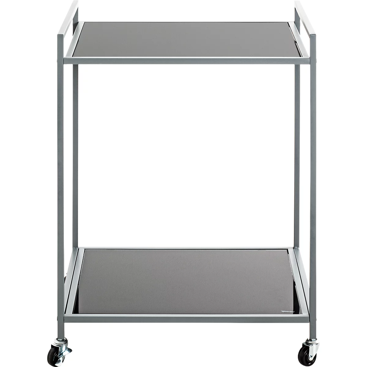 Metalen serveerwagen met twee planken en wielen.