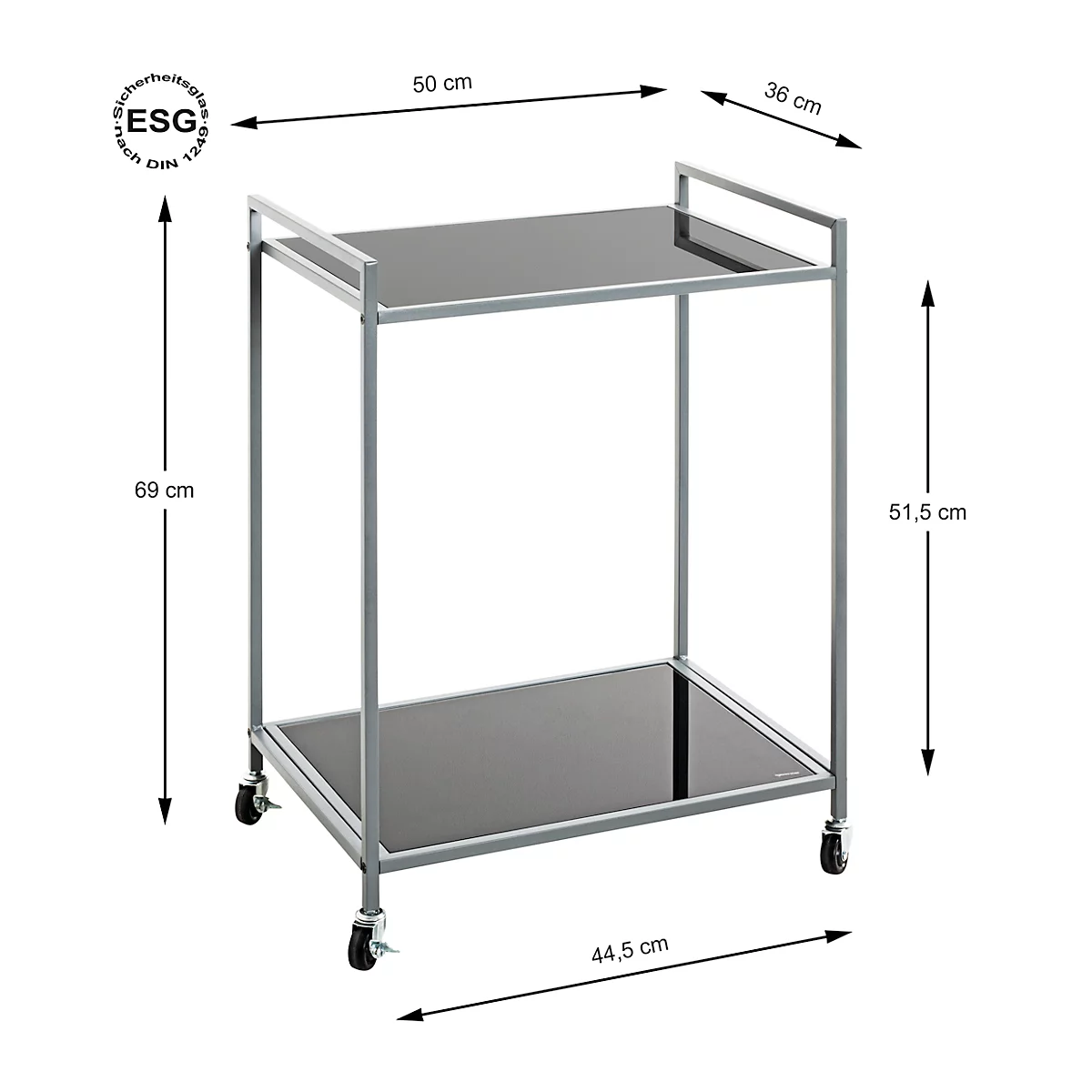 Dienbladwagen met zwarte glazen planken, grijs metalen frame en wieltjes, afmetingen met pijlen aangegeven.