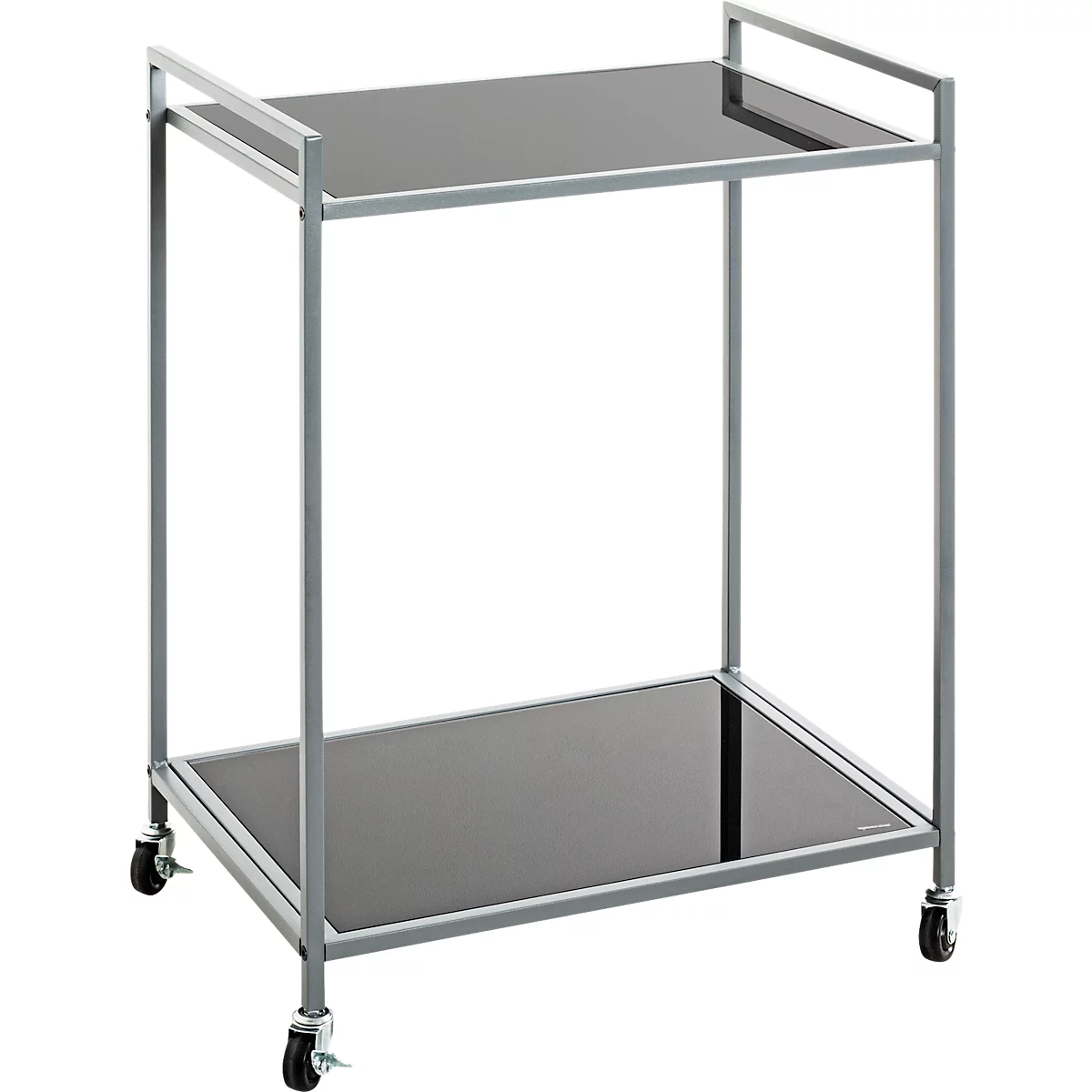 Serveertrolley met twee zwarte planken en een zilverkleurig frame op wielen.