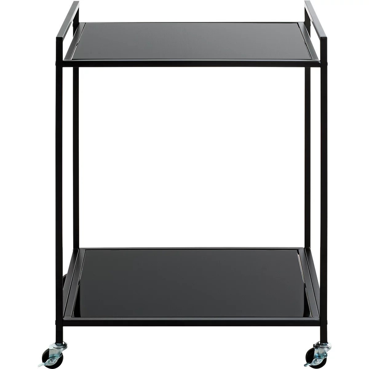 Zwarte serveerwagen met twee planken, op wielen.