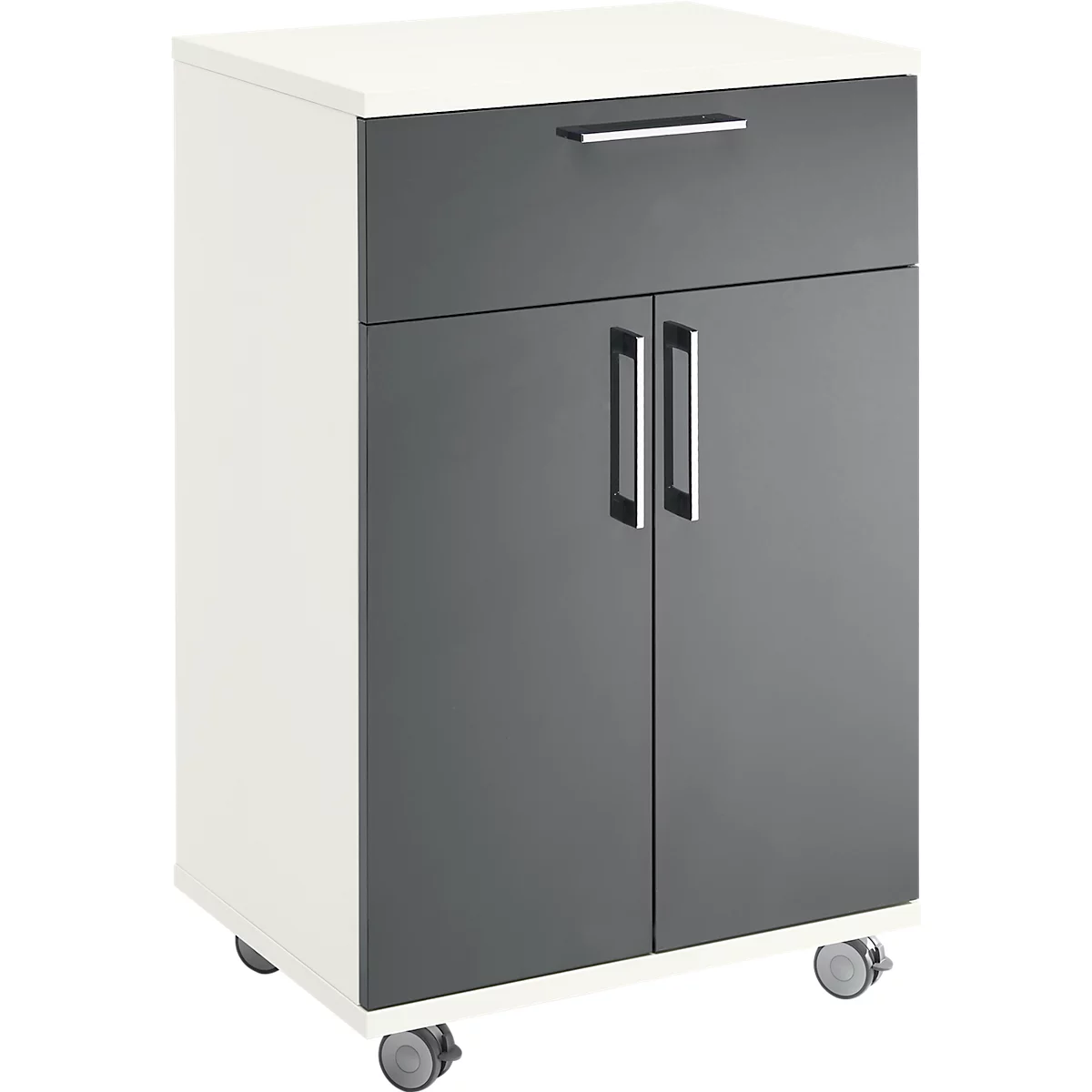 Kleine witte en grijze rolcontainer met twee deuren en een lade. Hij heeft wielen en zilveren handgrepen.