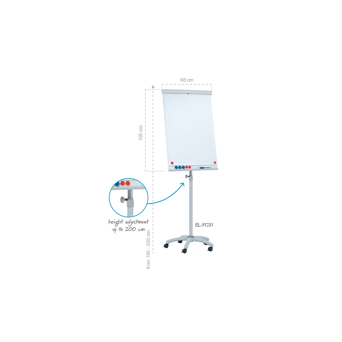 Verrijdbare flip-over Franken X-tra!Line, in hoogte verstelbaar, houder met snelsluiting, opbergbak, magnetisch bord met B 680 x H 1050 mm, 5 wielen