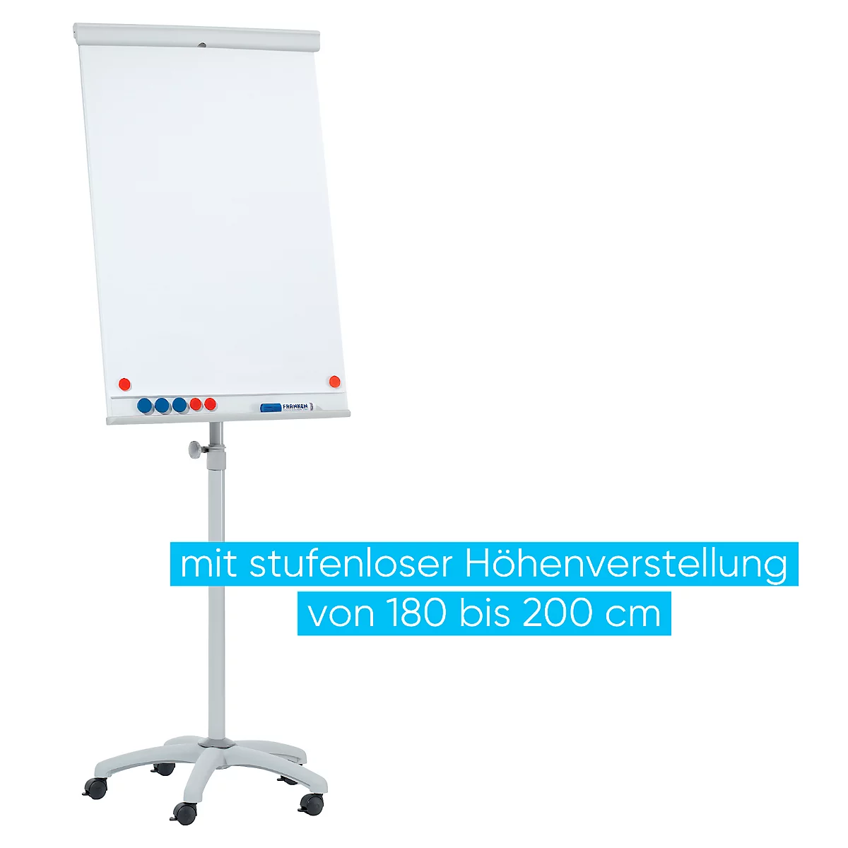 Verrijdbare flip-over Franken X-tra!Line, in hoogte verstelbaar, houder met snelsluiting, opbergbak, magnetisch bord met B 680 x H 1050 mm, 5 wielen
