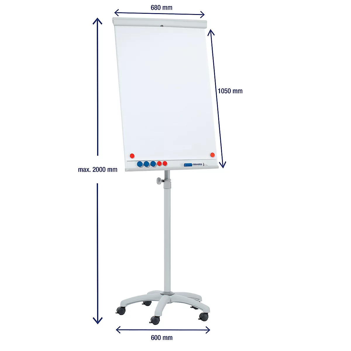 Verrijdbare flip-over Franken X-tra!Line, in hoogte verstelbaar, houder met snelsluiting, opbergbak, magnetisch bord met B 680 x H 1050 mm, 5 wielen