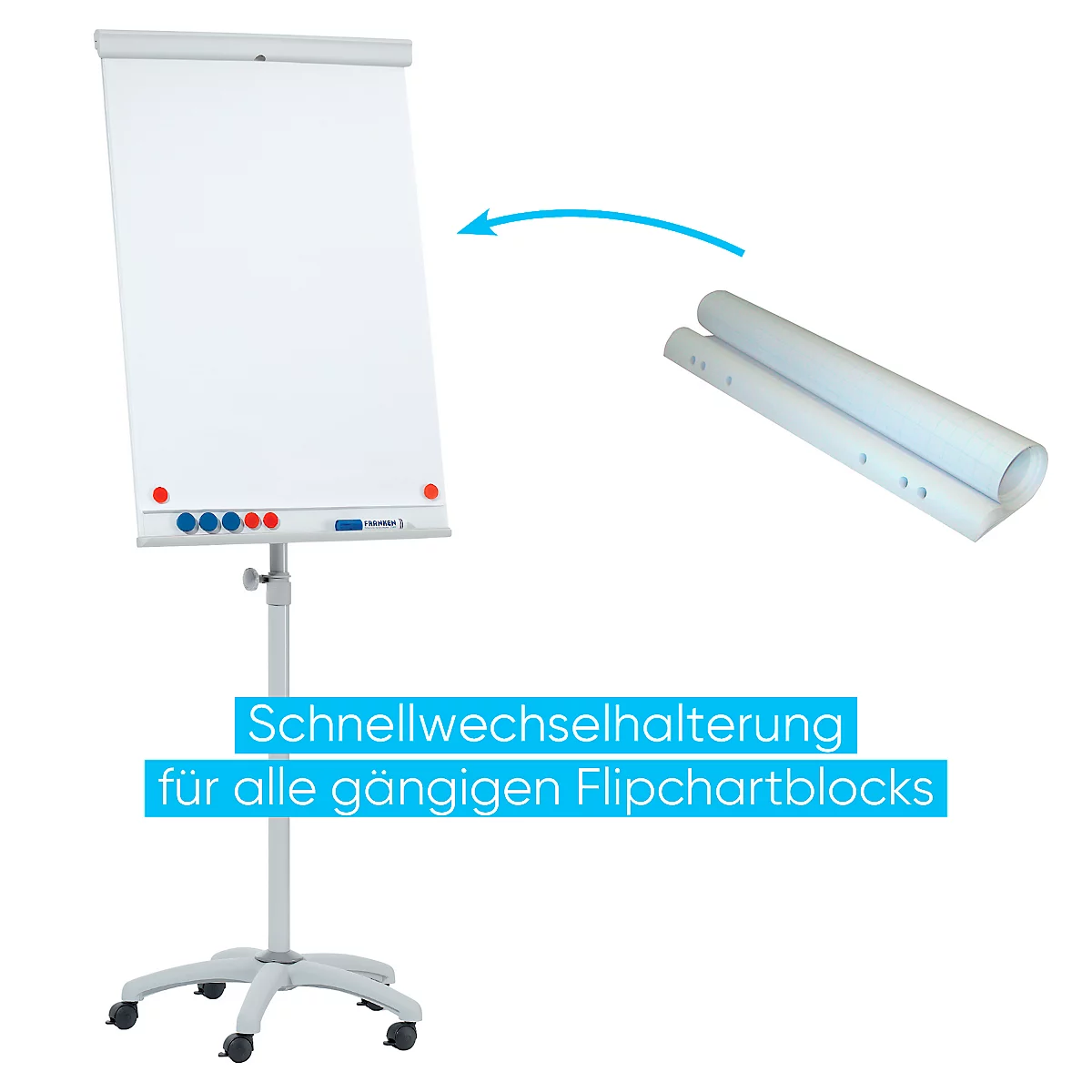 Verrijdbare flip-over Franken X-tra!Line, in hoogte verstelbaar, houder met snelsluiting, opbergbak, magnetisch bord met B 680 x H 1050 mm, 5 wielen