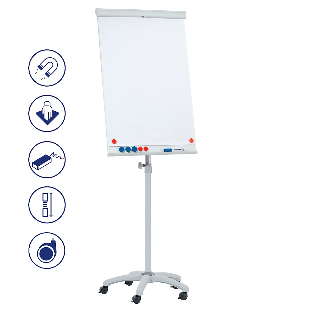 Verrijdbare flip-over Franken X-tra!Line, in hoogte verstelbaar, houder met snelsluiting, opbergbak, magnetisch bord met B 680 x H 1050 mm, 5 wielen