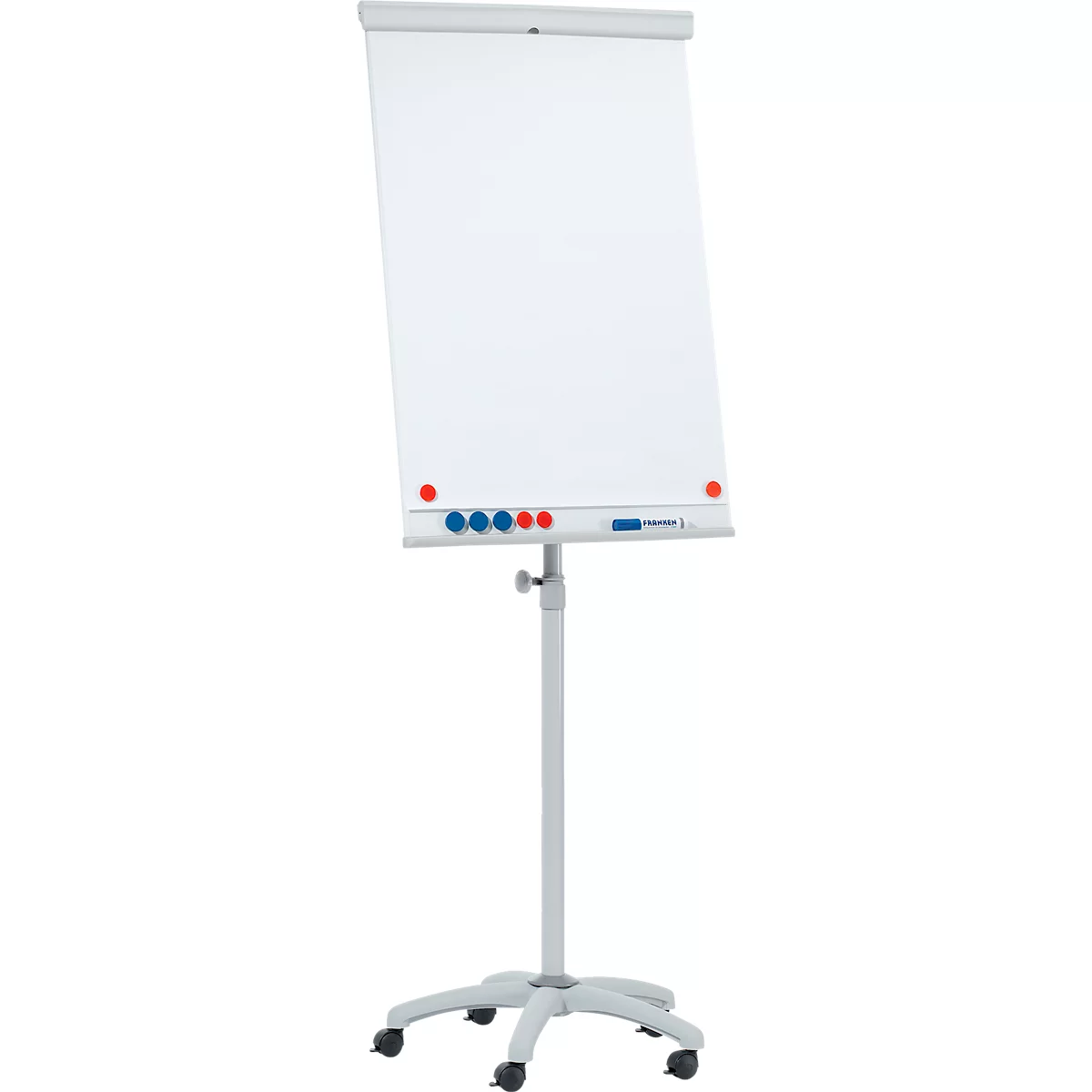 Verrijdbare flip-over Franken X-tra!Line, in hoogte verstelbaar, houder met snelsluiting, opbergbak, magnetisch bord met B 680 x H 1050 mm, 5 wielen