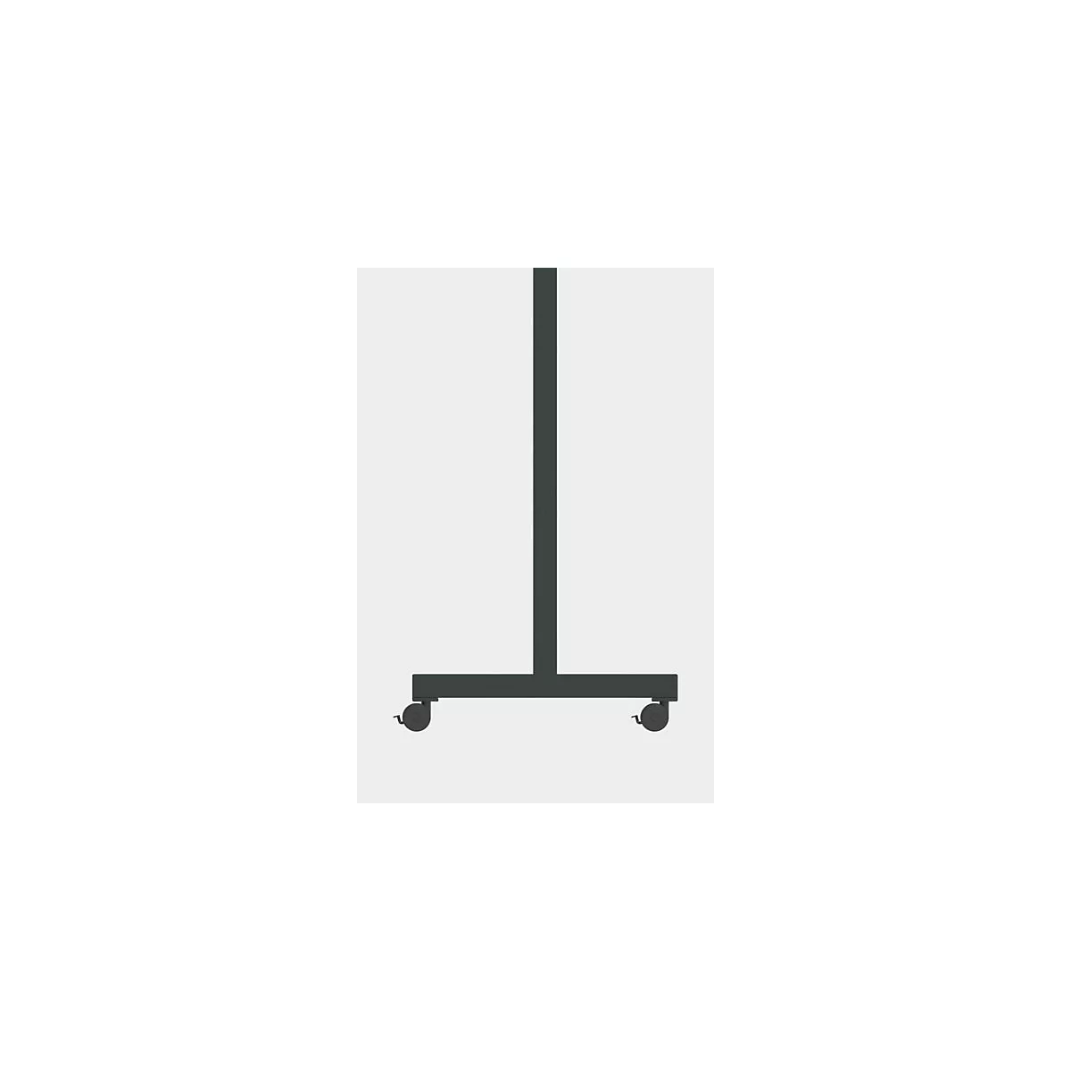 Zwart tafelframe met wielen, op een lichtgrijze achtergrond.
