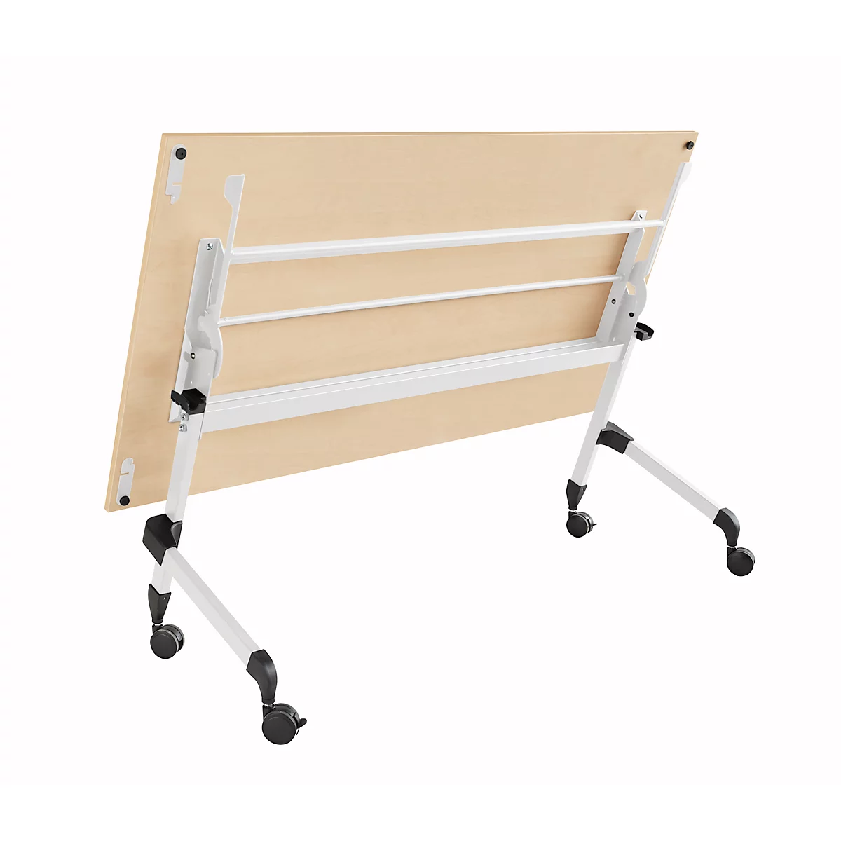 Verrijdbare klaptafel - vierkant stalen frame - L 1600 x D 600 x H 720 mm - ahorn - witte poten - ons merk Schäfer Shop Select