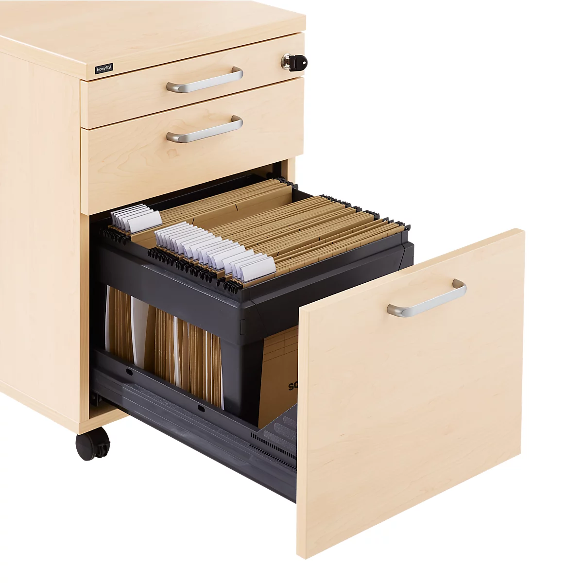 Verrijdbare lade BEXXSTAR, 1 afsluitbare lade voor keukengerei, 1 lade &amp; 1 HR-lade, B 430 x D 600 x H 600 mm, ahorn decor