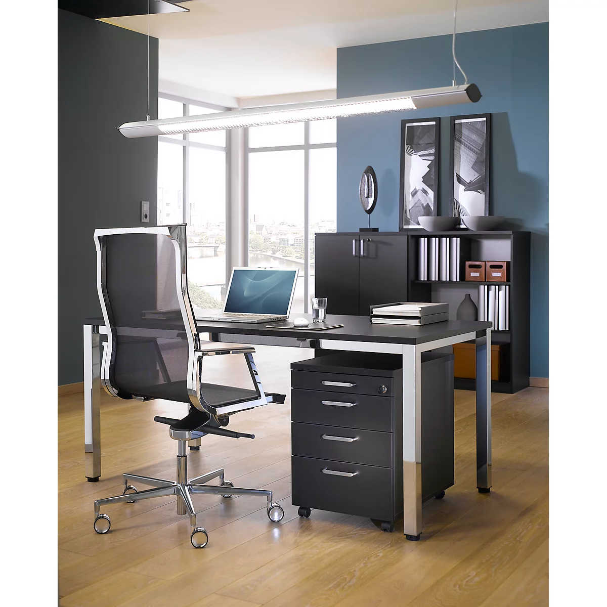 Verrijdbare lade BEXXSTAR, 1 afsluitbare lade voor keukengerei &amp; 3 laden, B 430 x D 800 x H 600 mm, zwart