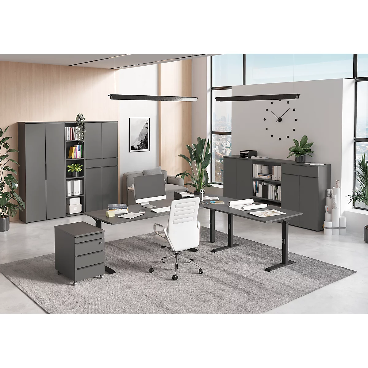 Verrijdbare lade Porto, 4 laden incl. opbergvak en 1 afsluitbare lade, B 420 x D 600 x H 630 mm, grafiet