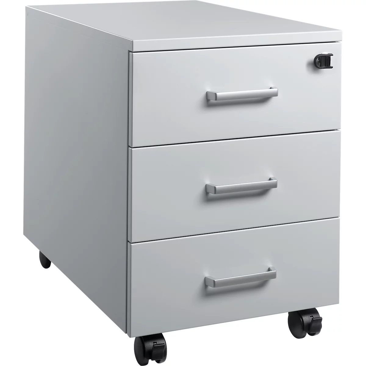 Een grijze rolcontainer met drie laden en zilveren handgrepen. Hij staat op zwarte wieltjes.