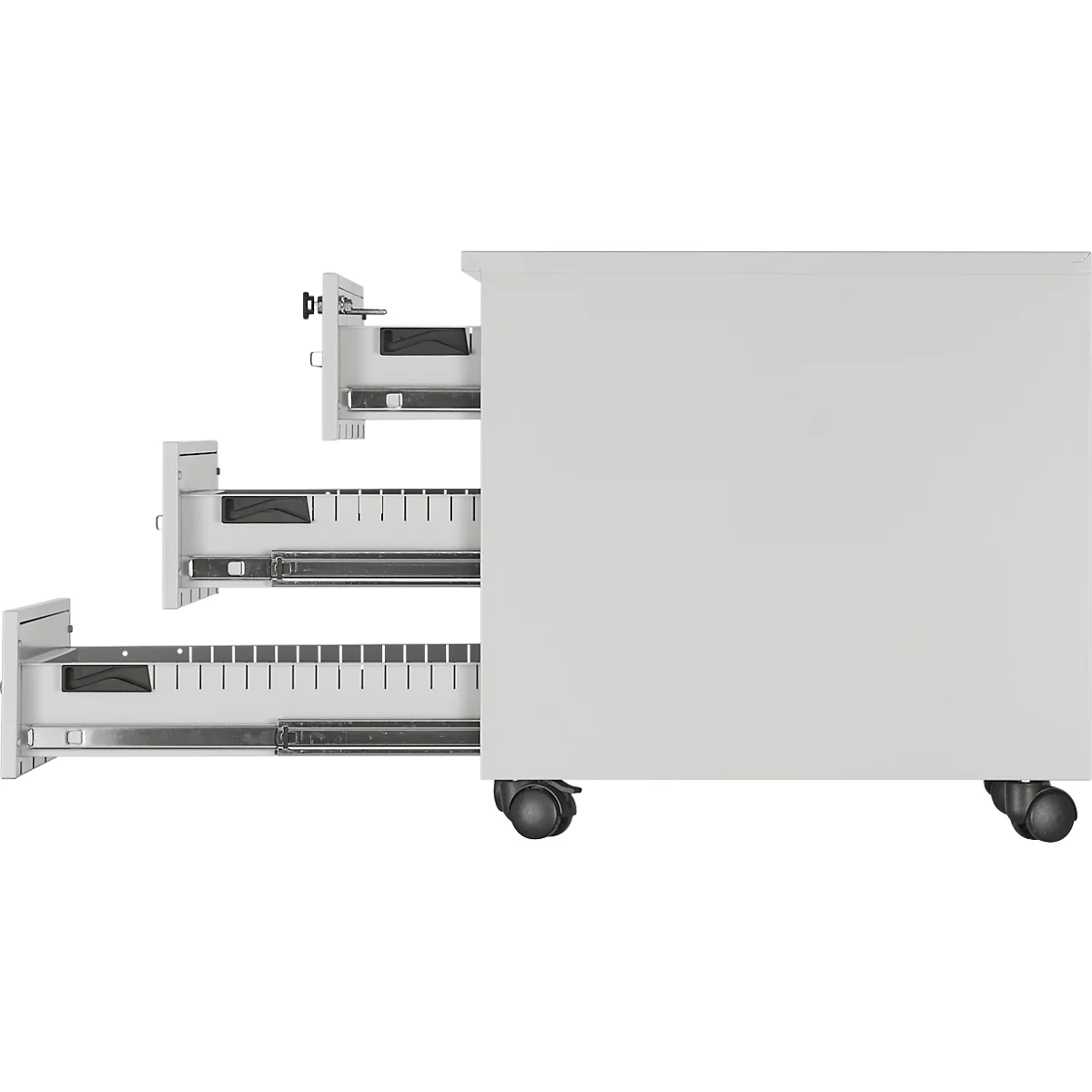 Witte, drielades rollende container, gedeeltelijk open, staand op de vloer met wielen.