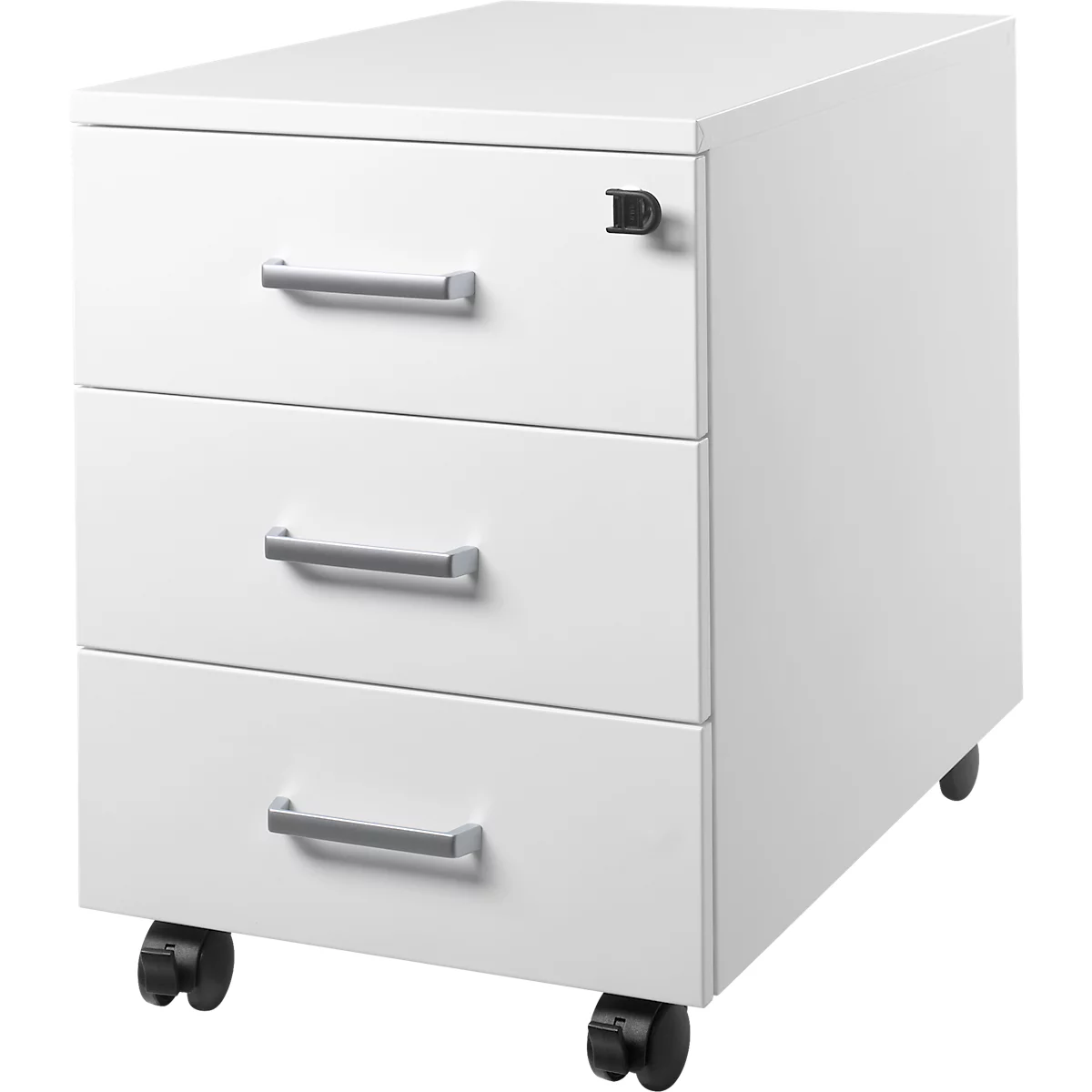 Witte rolcontainer met drie lades en zilveren handgrepen. Hij staat op vier zwarte wieltjes. Er zit een slot aan de zijkant.
