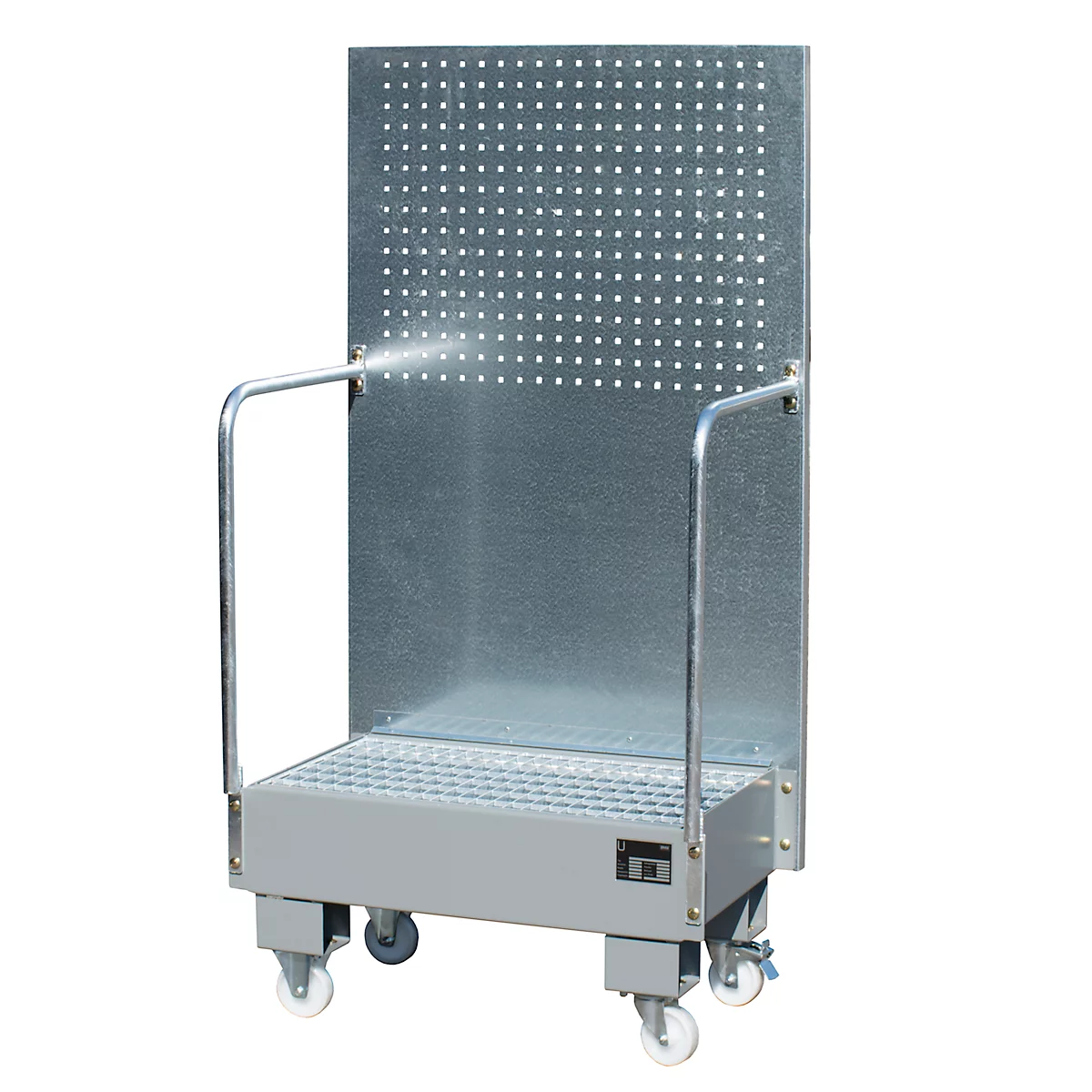 Verrijdbare lekbak LPW 60-2, met geperforeerde plaatwand, van staal, capaciteit 2 x 60 liter vat, grijs