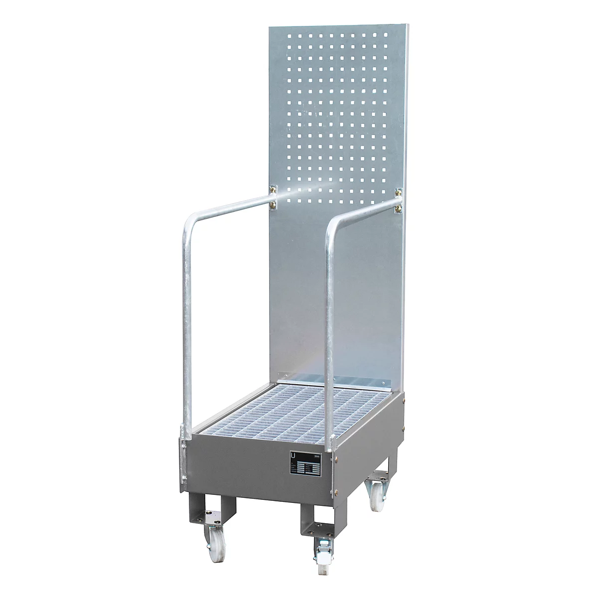 Verrijdbare lekbak LPW 60-3, met geperforeerde plaatwand, van staal, capaciteit 2 x 60 liter vat, grijs