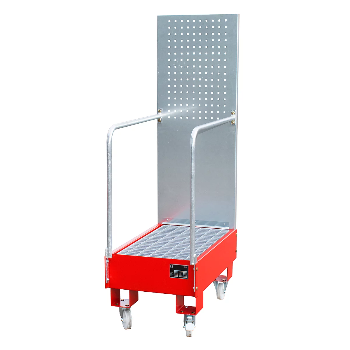 Verrijdbare lekbak LPW 60-3, met geperforeerde plaatwand, van staal, capaciteit 2 x 60 liter vat, rood