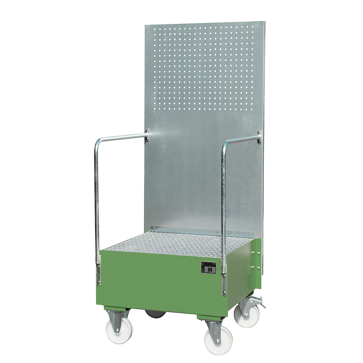 Verrijdbare lekbak met geperforeerde plaatwand, van staal, capaciteit 1 x 200 liter vat, groen