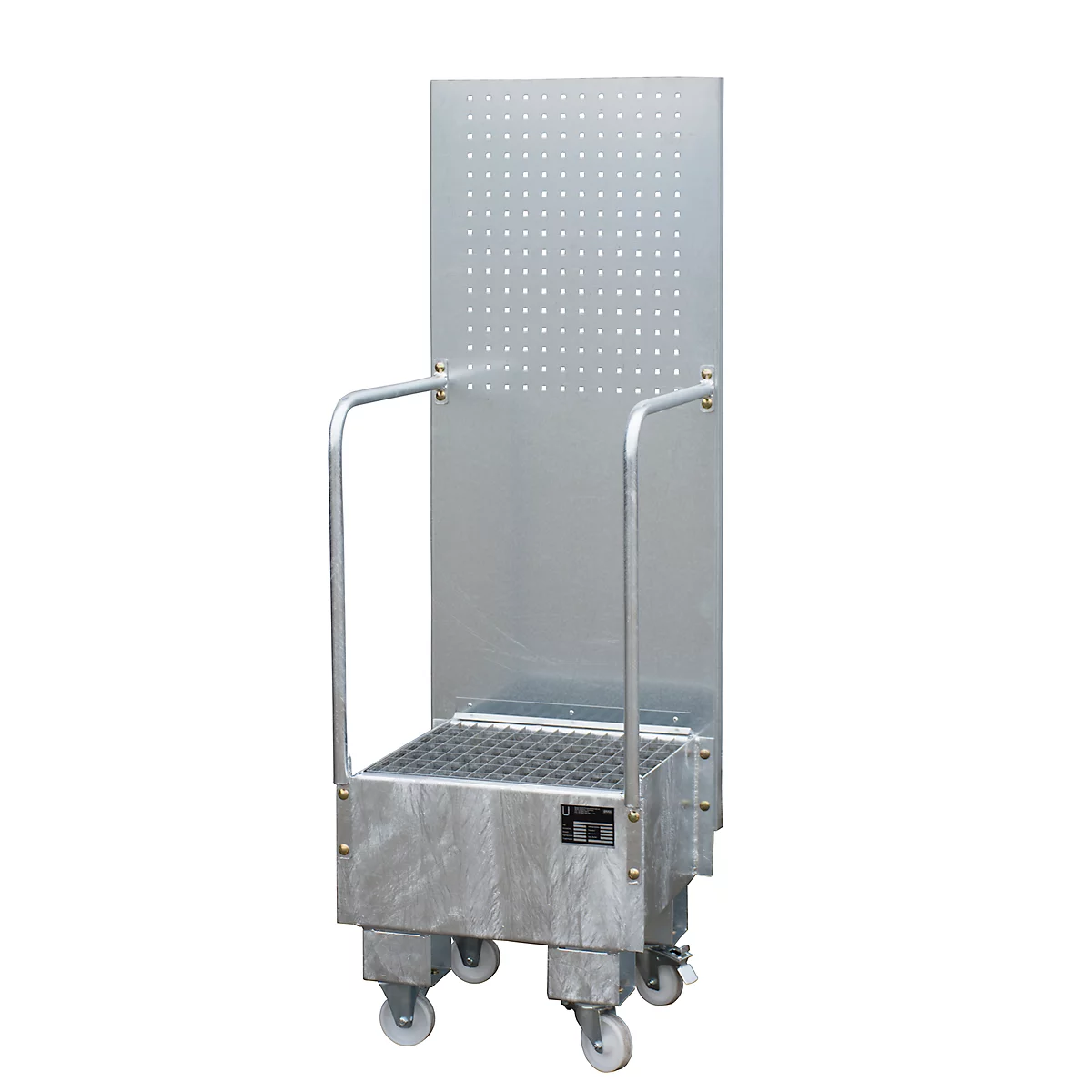 Verrijdbare lekbak met geperforeerde plaatwand, van staal, capaciteit 1 x 60 liter vat, gegalvaniseerd