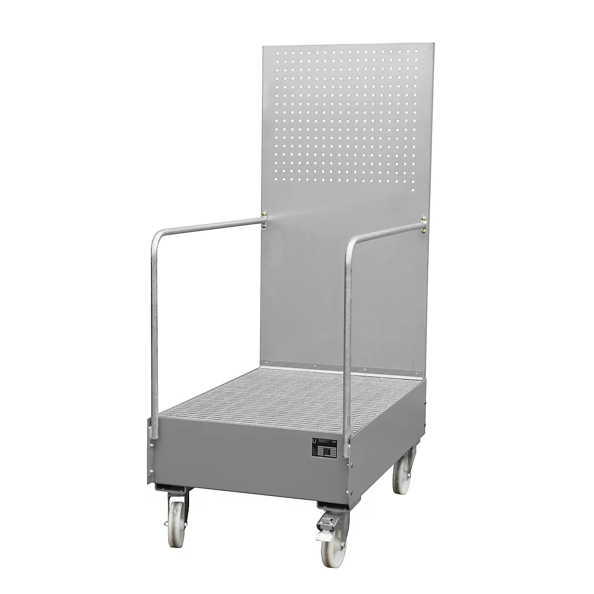Verrijdbare lekbak met geperforeerde plaatwand, van staal, capaciteit 2 x 200 liter vaten, grijs gelakt