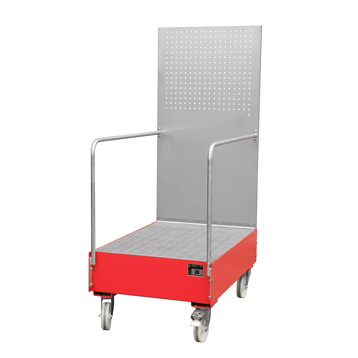 Verrijdbare lekbak met geperforeerde plaatwand, van staal, capaciteit 2 x 200 liter vaten, rood gelakt