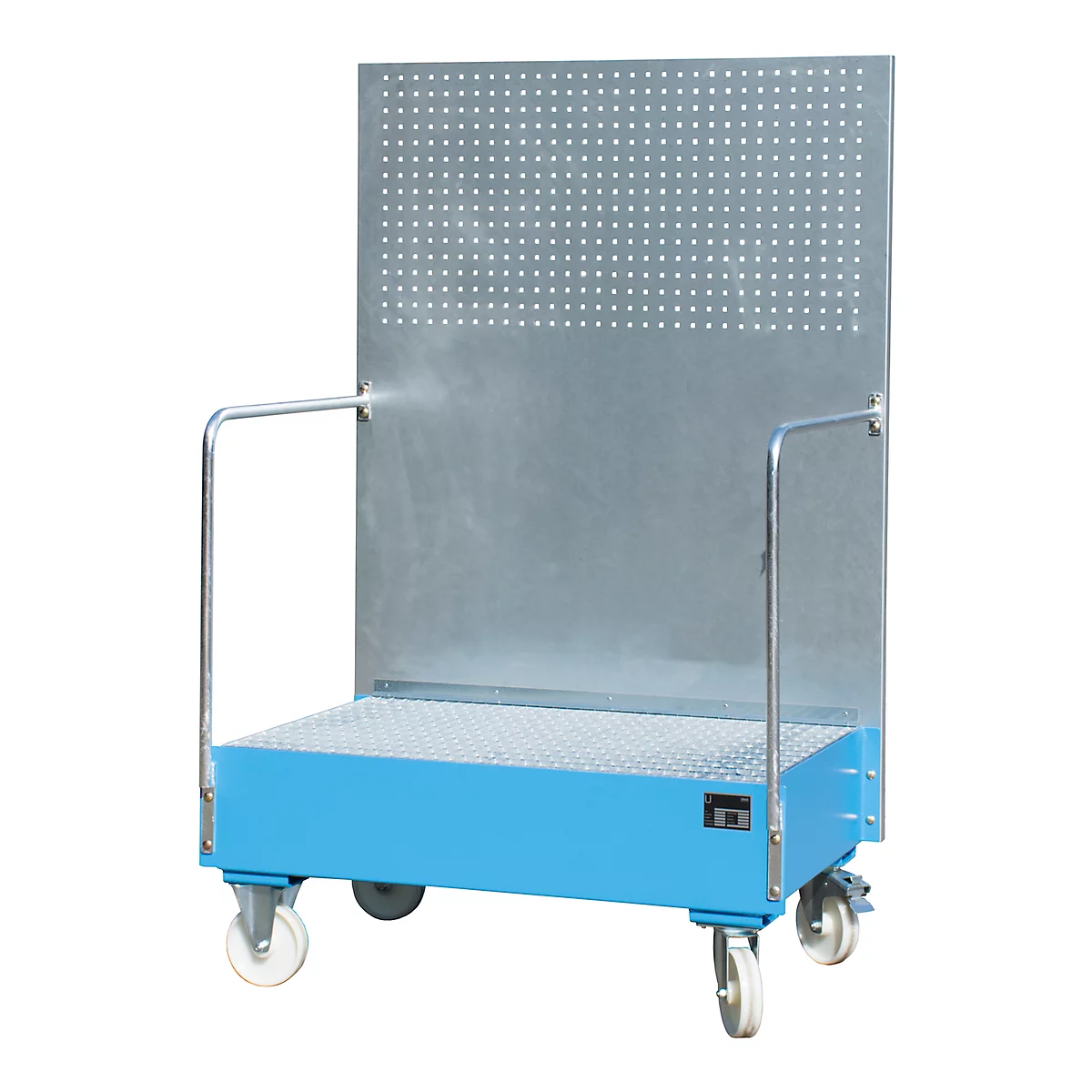 Verrijdbare lekbak, van staal, 215 l opvangvolume voor 2 x 200 liter vaten, blauw gelakt