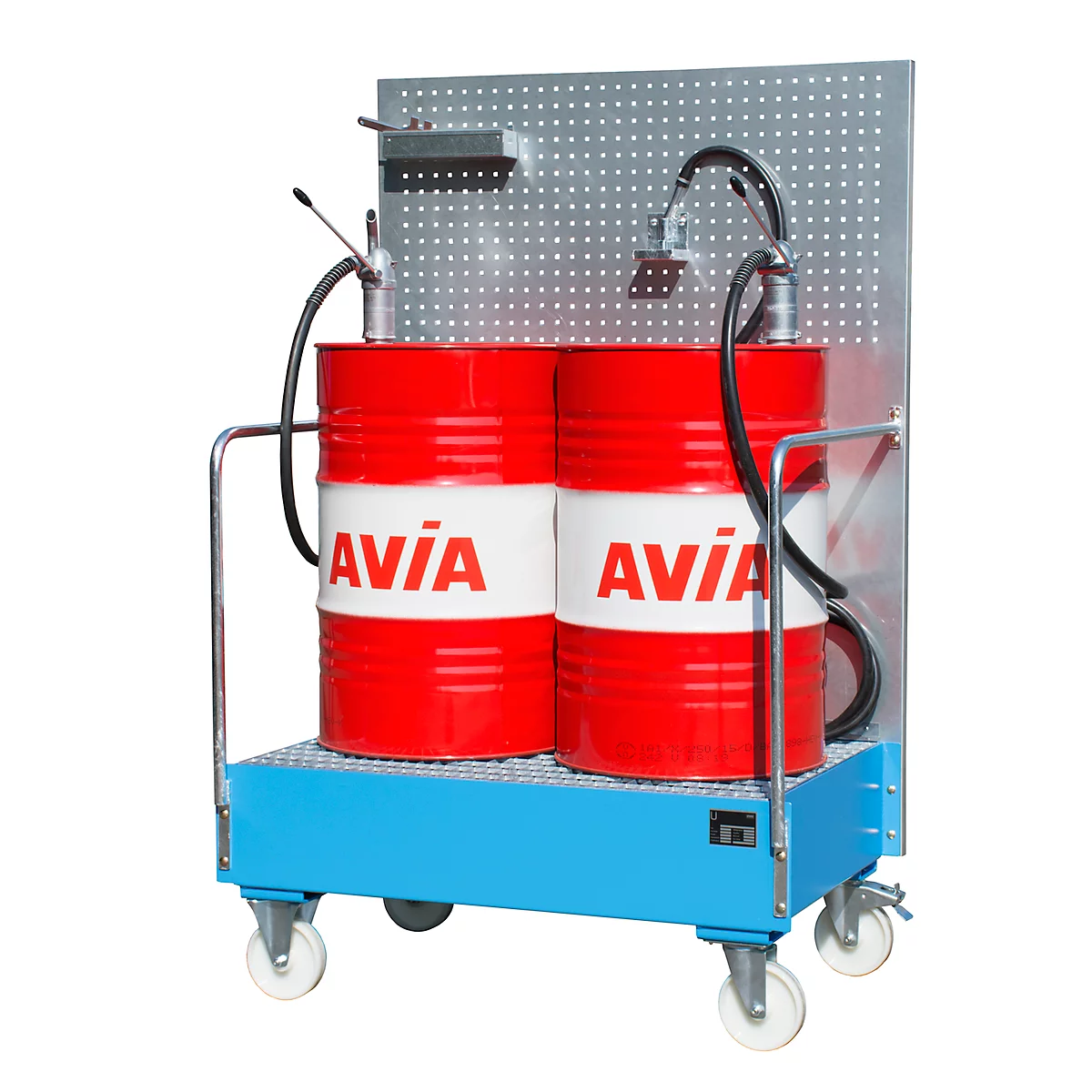 Verrijdbare lekbak, van staal, 215 l opvangvolume voor 2 x 200 liter vaten, blauw gelakt